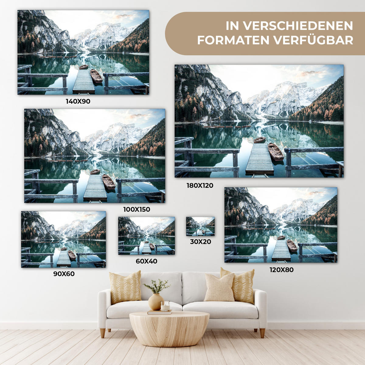 LEINWANDBILD Natur - Berge - Schnee - Wald - Boot 140x90 cm - Hellgrün, Textil (140/90cm) - MuchoWow