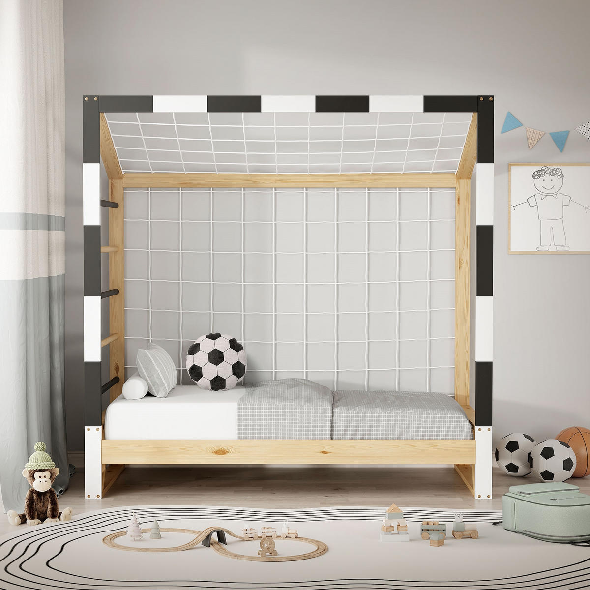 KINDERBETT Fußballtor 70x140 cm Schwarz-Weiß - Hellbraun, Holz (70/150cm) - ML-DESIGN