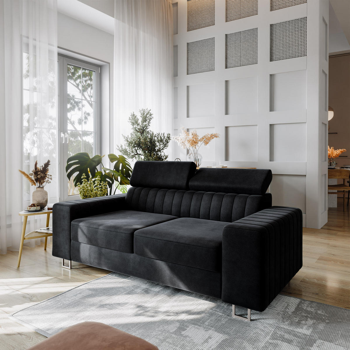 BETTSOFA SOLAN Schwarz Velours-Stoff mit Schlaffunktion - Schwarz, Holz/Textil (194/88/90cm) - MASSENO