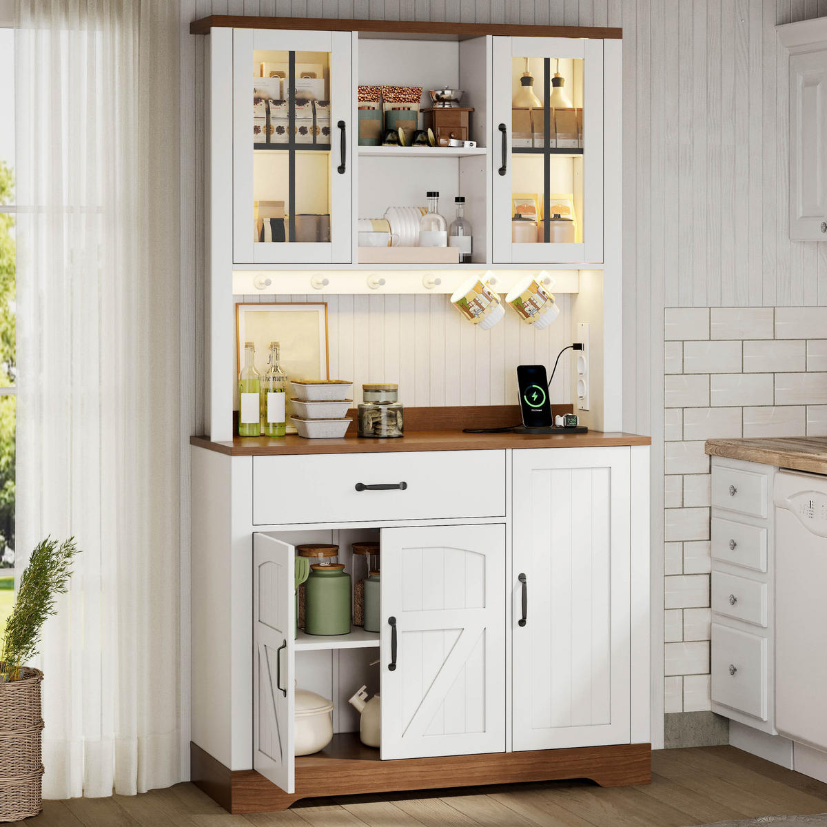 BUFFET 105/40/185 cm Weiß mit 1 Schubladen, farbwechselnder LED-Beleuchtung und Steckdosen - Weiß, Holz (105/185/40cm) - Oxeza