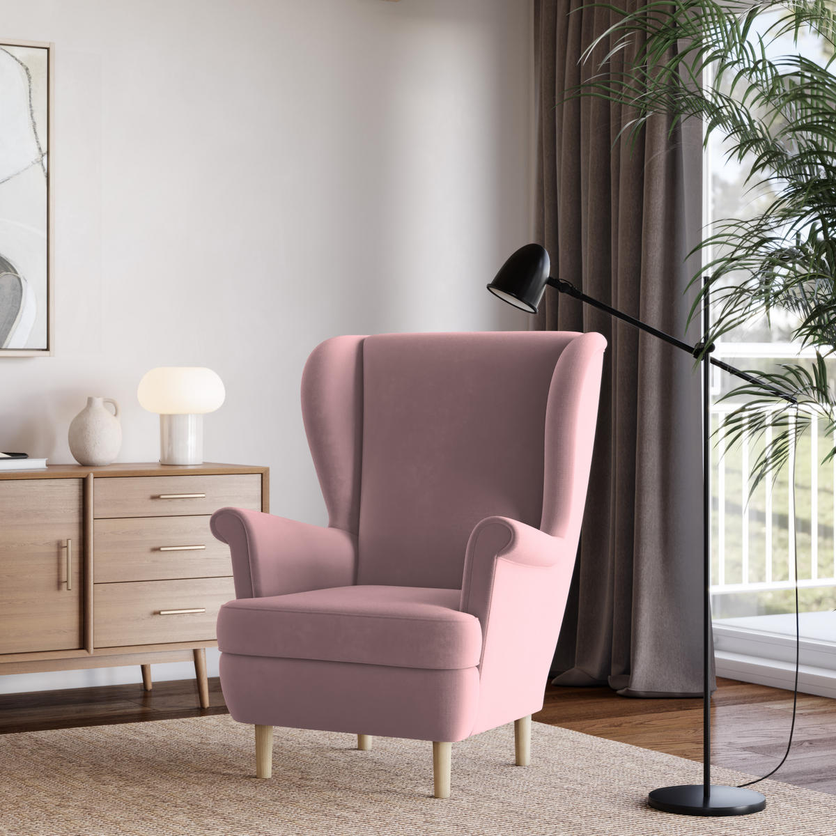 SESSEL LENTIO Ohrensessel Polstersessel, Rosa - Rosa, Holz/Holzwerkstoff (75/103/75cm) - MASSENO