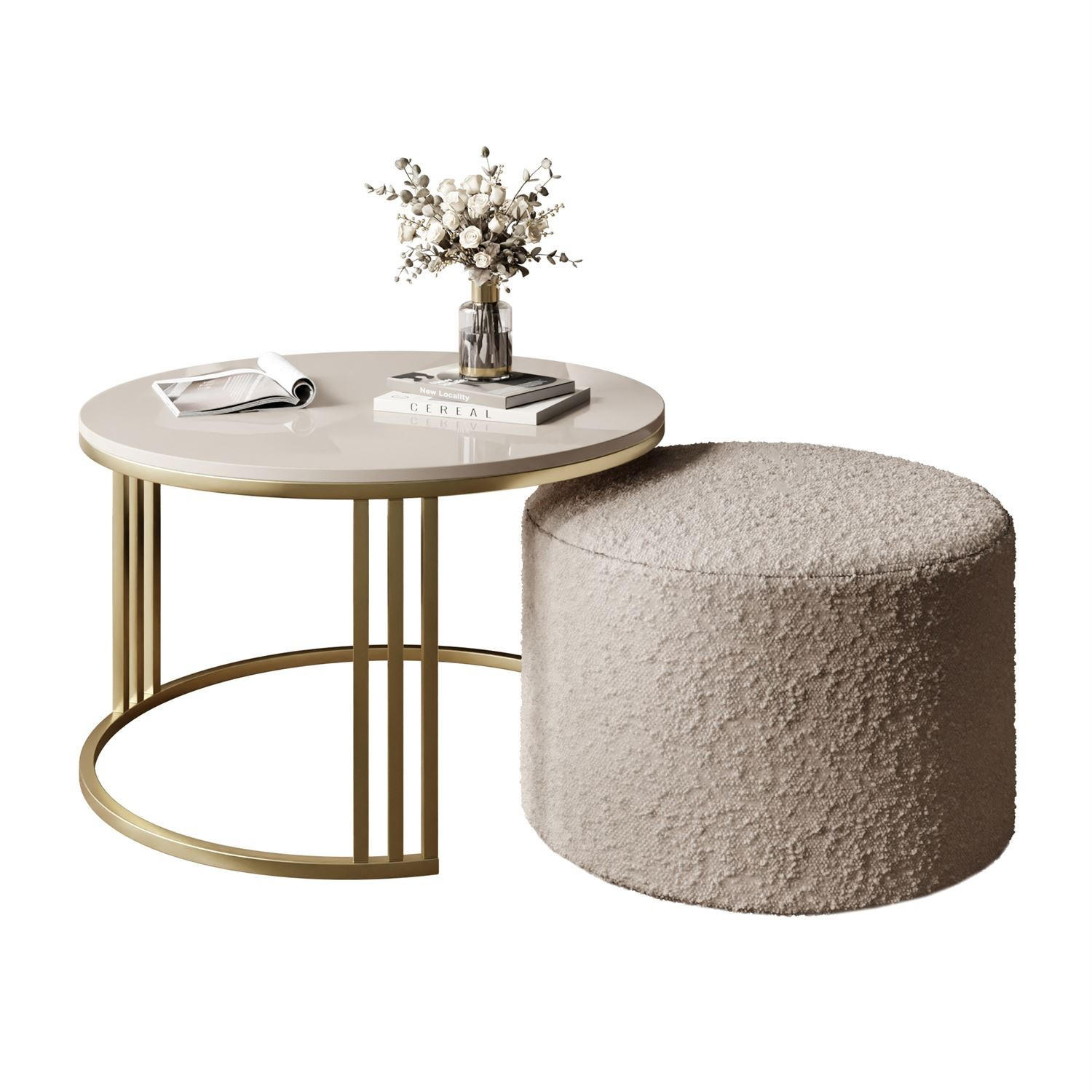 COUCHTISCH mit Hocker LORI Hochglanz gebürstetes Gold/glänzender Kaschmir/Coral 50 - Kaschmir, Metall (70/70/49cm) - Lookway