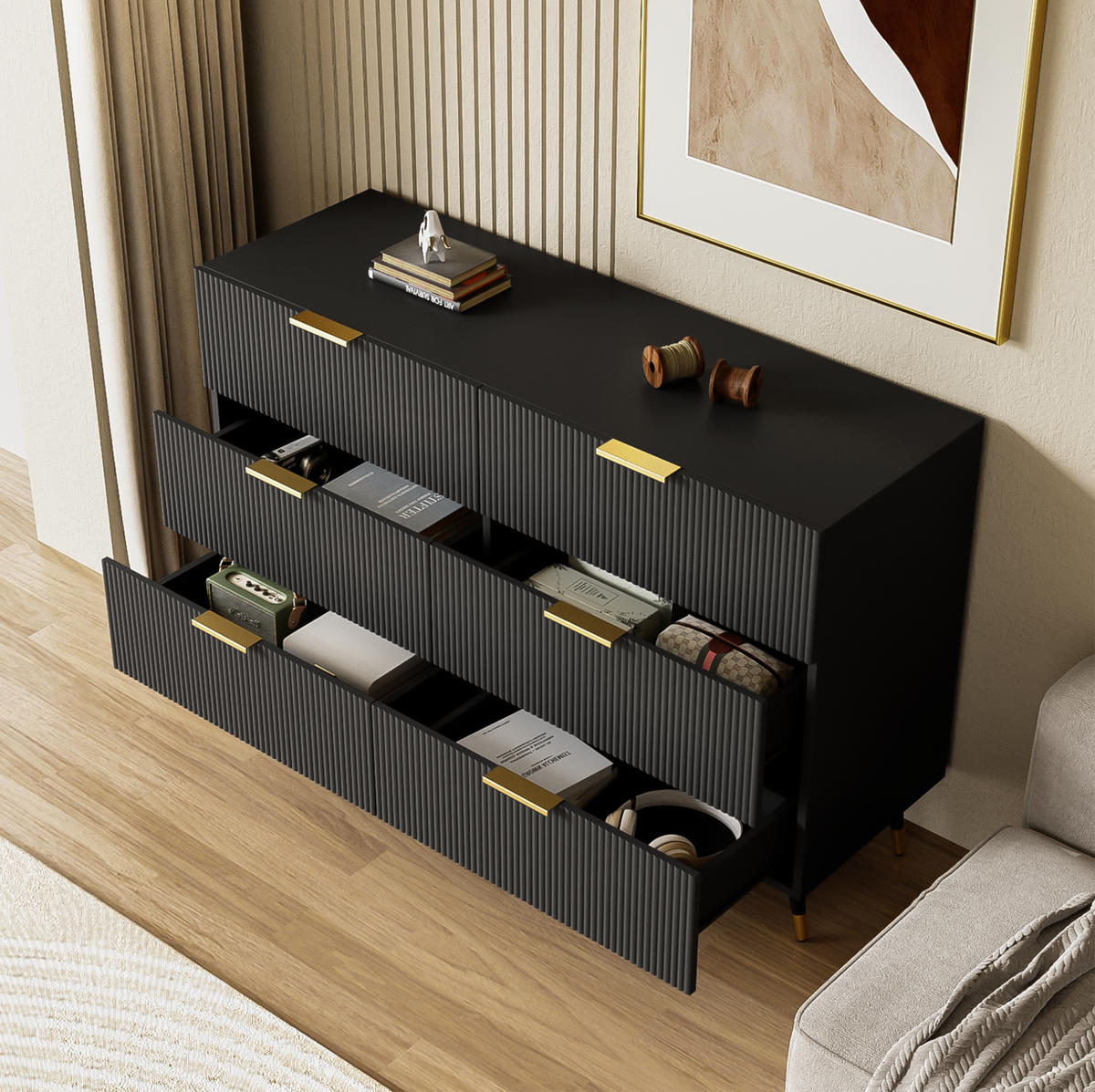 SIDEBOARD 120/40/77 cm aus Spanplatte mit 6 Schubladen Schwarz - Schwarz, Holzwerkstoff (120/40/77cm) - Modenvie