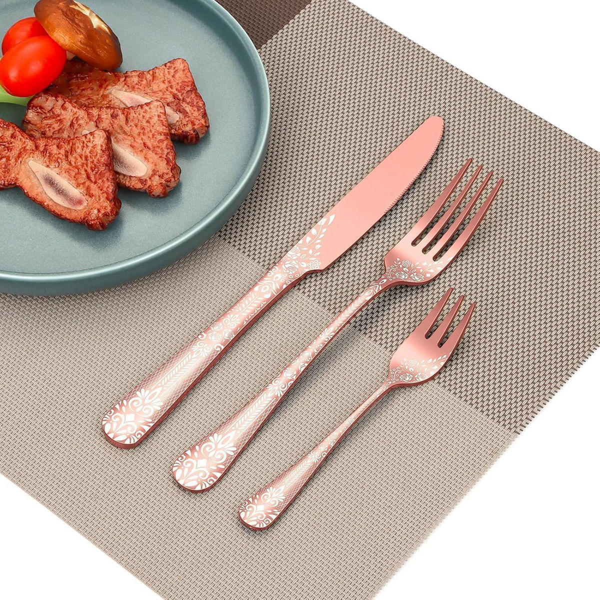 BESTECKSET 36-teilig Roségold für 6 Personen mit Blumenmuster - Rot, Metall