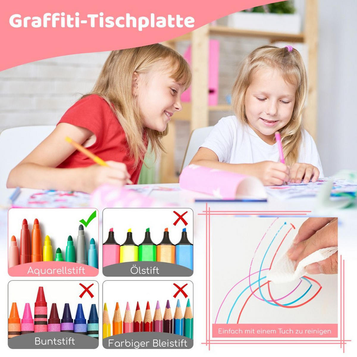 KINDERTISCH mit 4 Stühlen rosa(5-tlg) - Pink, Kunststoff (120/60/60cm) - COSTWAY