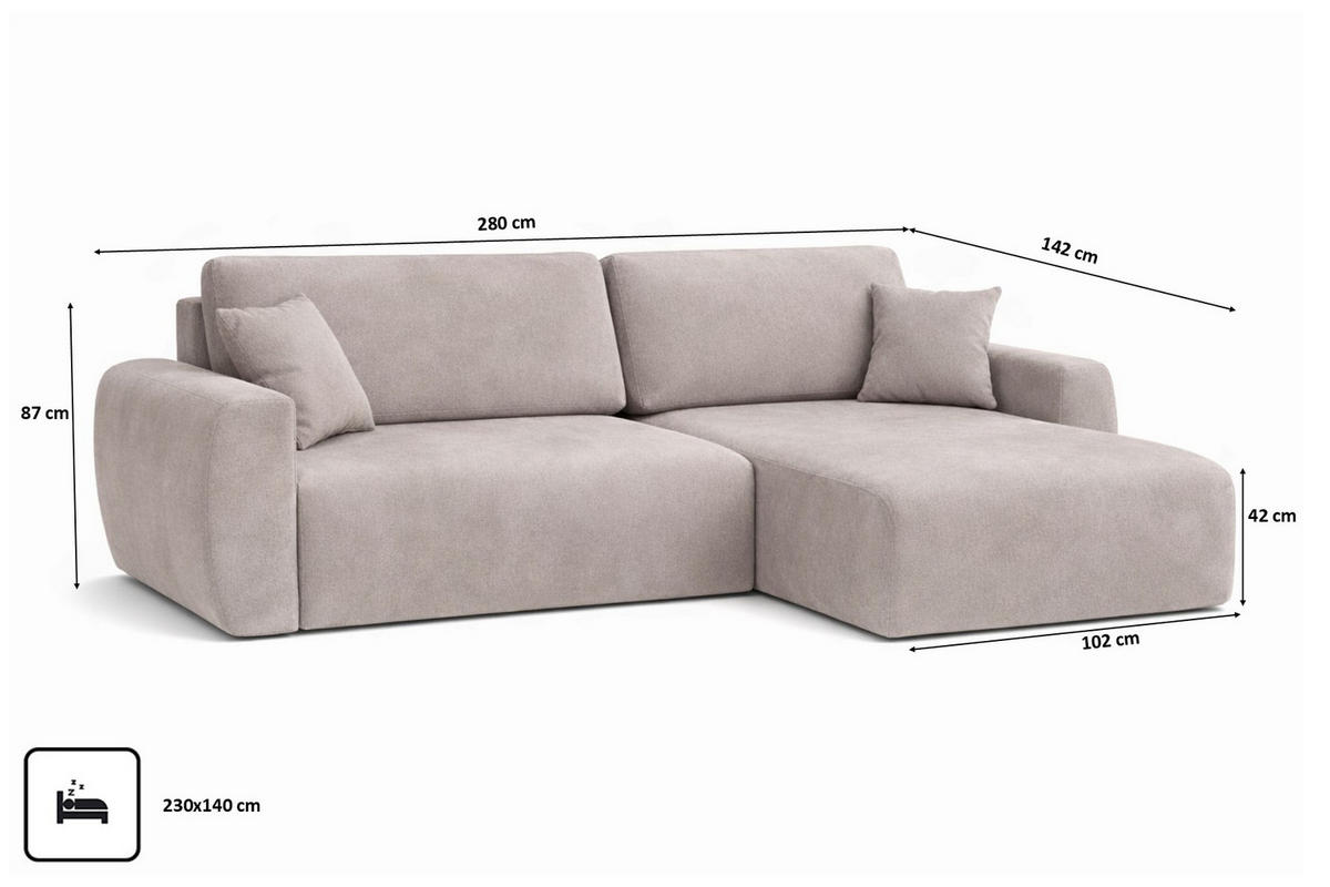 ECKSOFA Mit Schlaffunktion, Ariel XL, Velours, Stoff Salvador, Grau, Rechts - Grau, Holz (280/142cm) - Kaiser Möbel