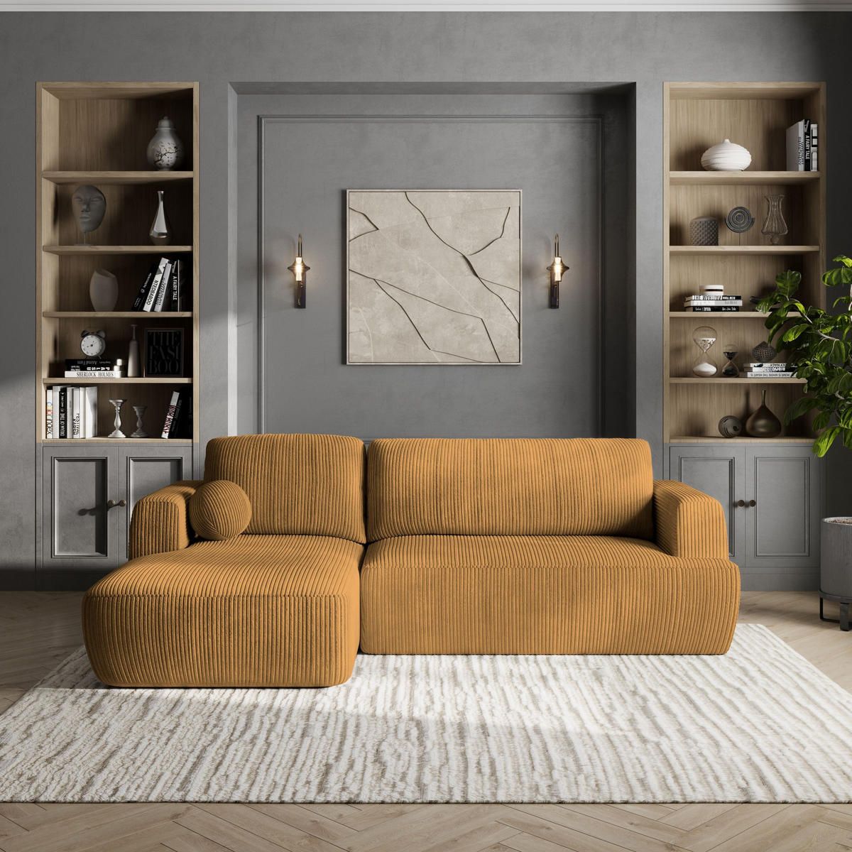 ROHOVÁ SEDAČKA SENTI žlutá - černá/žlutá, dřevo/textil (246/148cm) - MASSENO