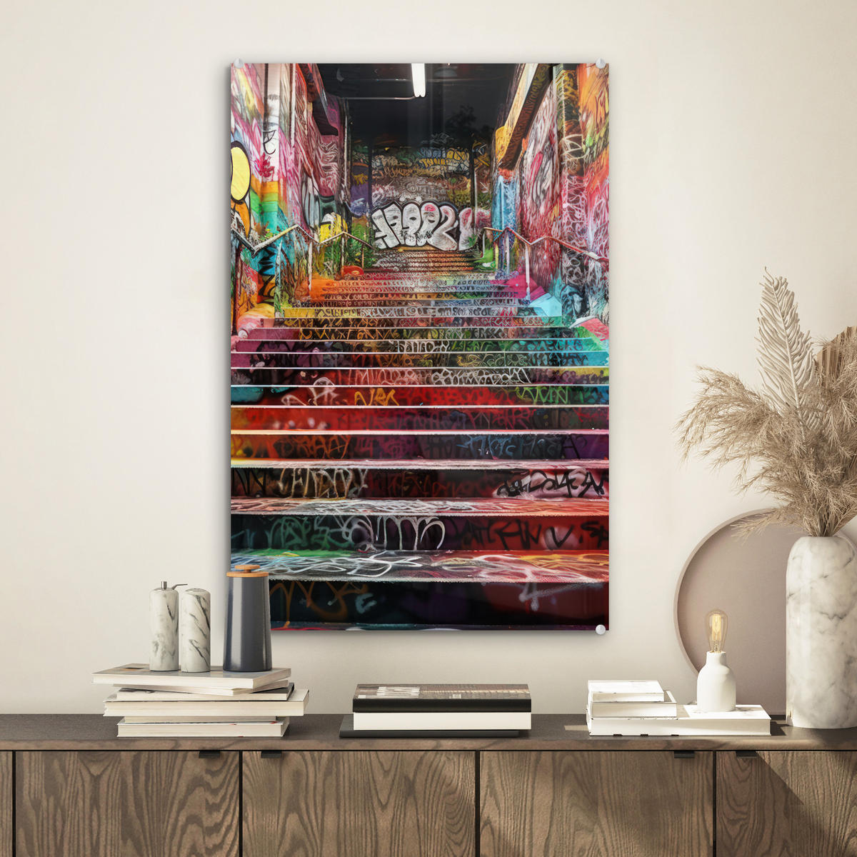 ACRYLGLASBILD Treppe - Graffiti - Farben - Kunst 40x60 cm - Multicolor, Glas (40/60cm) - MuchoWow