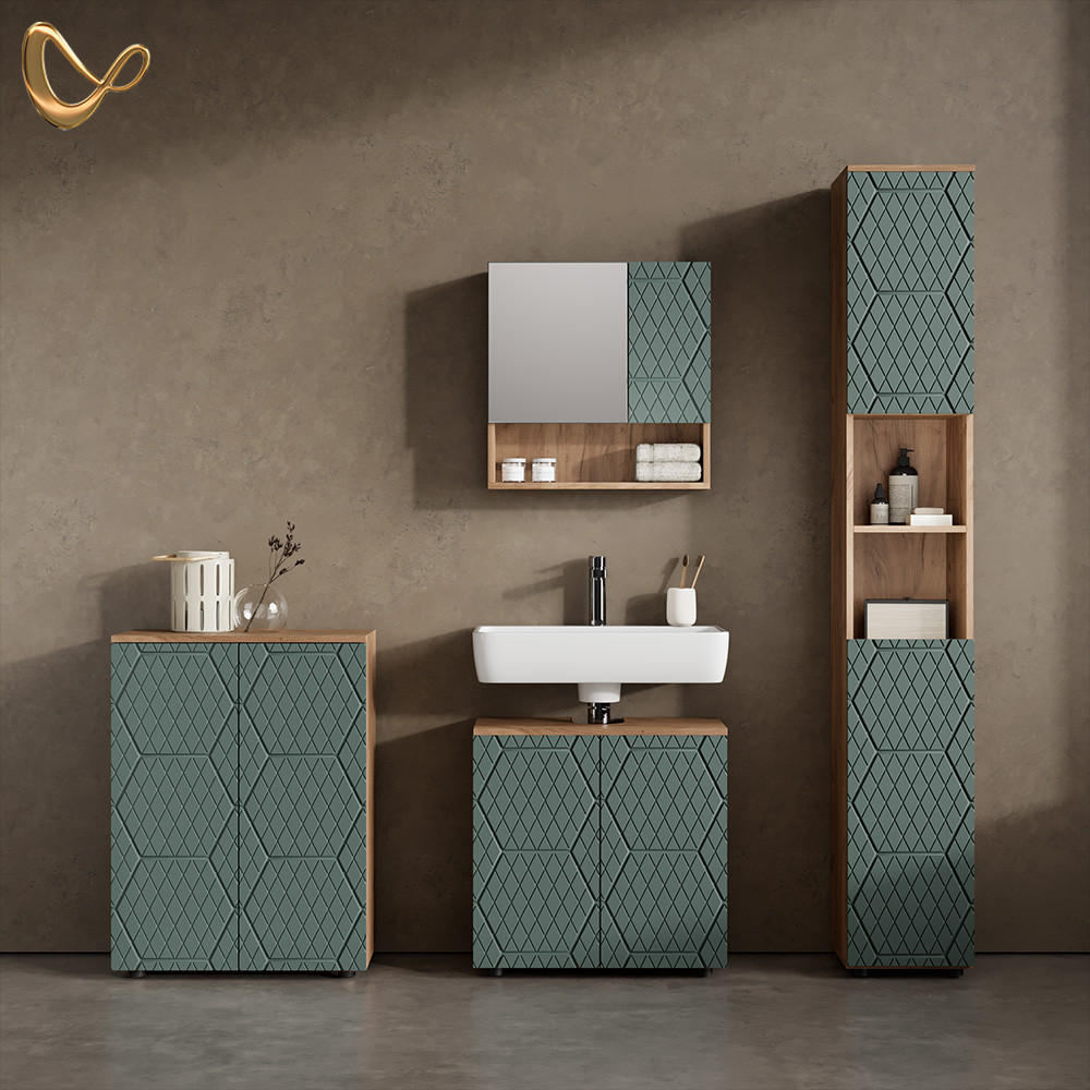 BADMÖBEL-SET Ronco Grün/Goldkraft Eiche 4 Teile, mit Hochschrank und Kommode - Honigeiche/Grün, Holzwerkstoff (60/59/30cm) - Livinity®