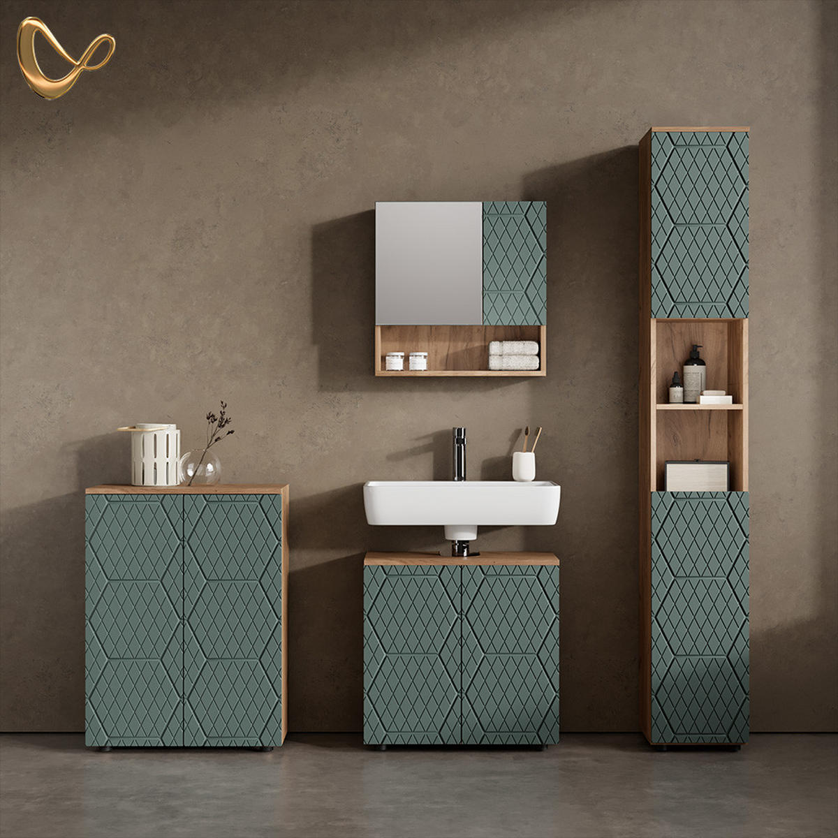 BADMÖBEL-SET Ronco Grün/Goldkraft Eiche 4 Teile, mit Hochschrank und Kommode - Eiche Wotan/Grün, Holzwerkstoff (60/59/30cm) - Livinity®