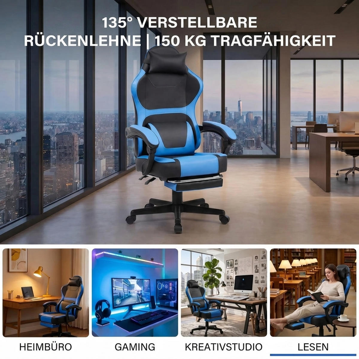GAMING-STUHL schwarz-blau ergonomisch mit ausziehbarer Fußstütze, Nacken- und Lendenkissen, höhenverstellbar - Blau, Leder (54/116/61cm) - BRILVERDE