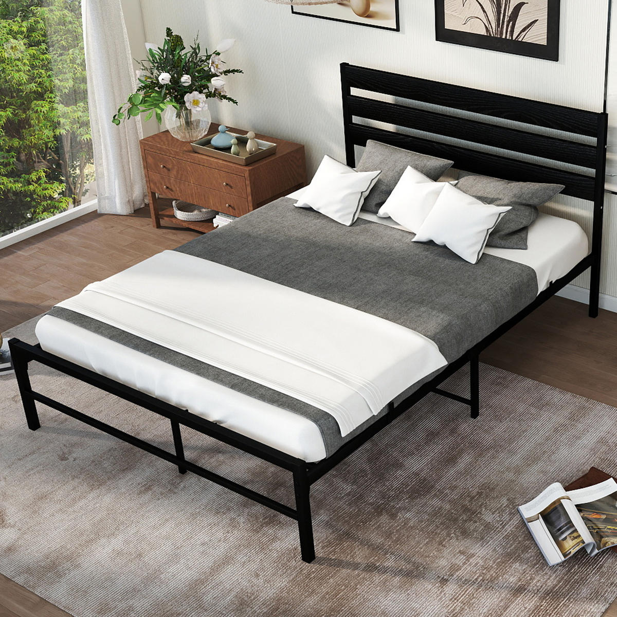 METALLBETT 140/200 cm Schwarz mit komfortablem Kopfteil - Schwarz, Metall (140/200cm) - OKWISH