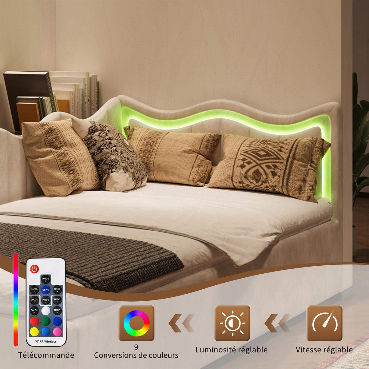 POLSTERBETT 90x200 cm LED Stauraum Kopfteil Samt beige - Beige, Holz (90/200cm) - LEBENLANG