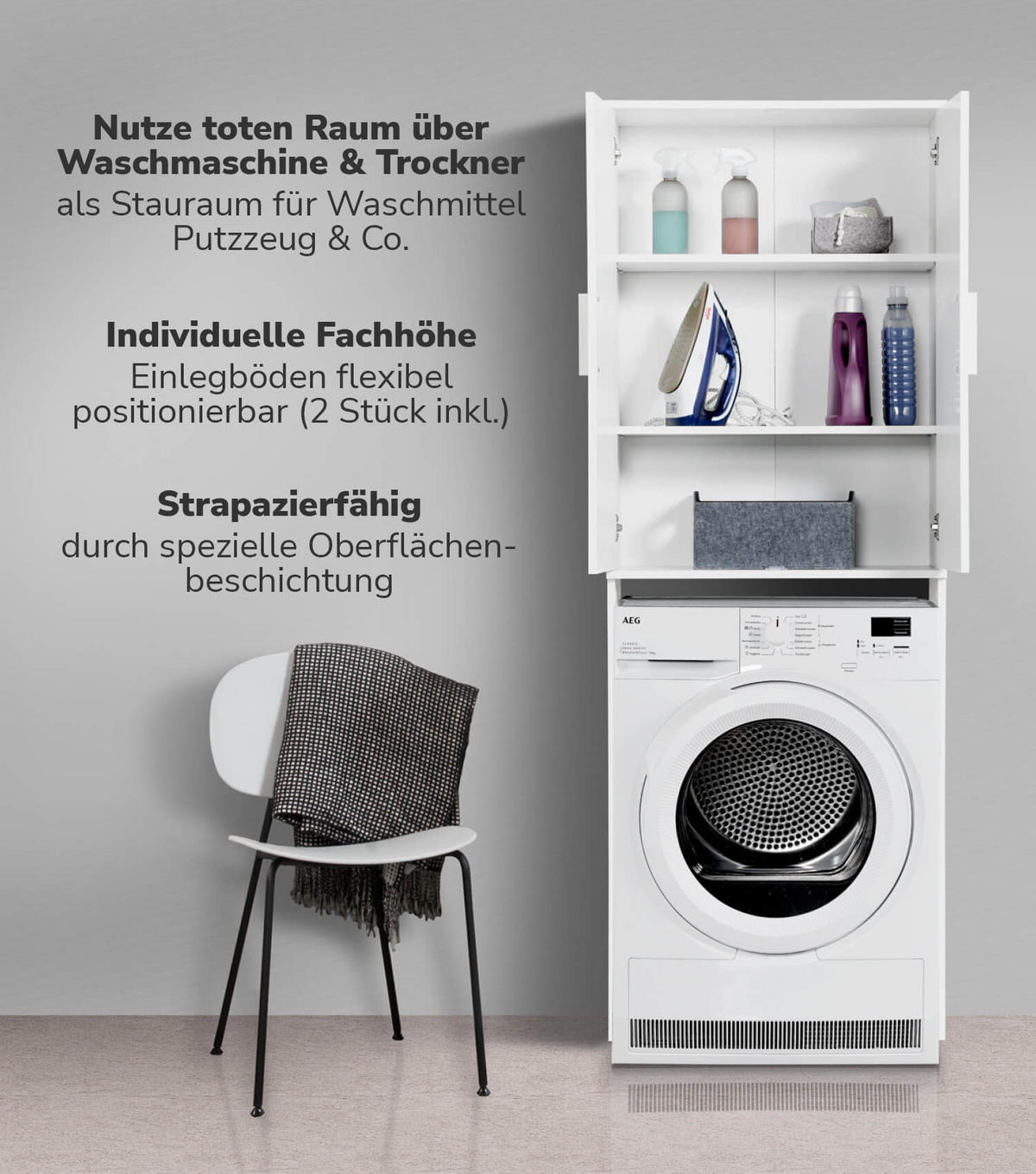 WASCHMASCHINENSCHRANK Der Saubermann - Weiß, Holzwerkstoff (65/180/34cm) - Mokebo