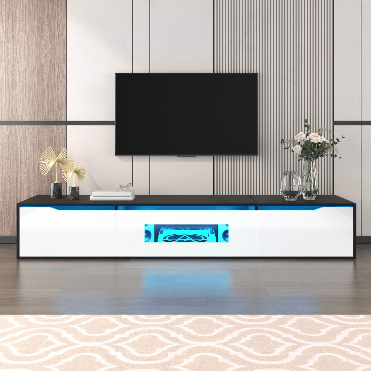 TV LOWBOARD 180cm Hochglanz Schwarz Weiß LED USB Farbwechsel modern - Schwarz, Holzwerkstoff (35/30/180cm) - FLIEKS