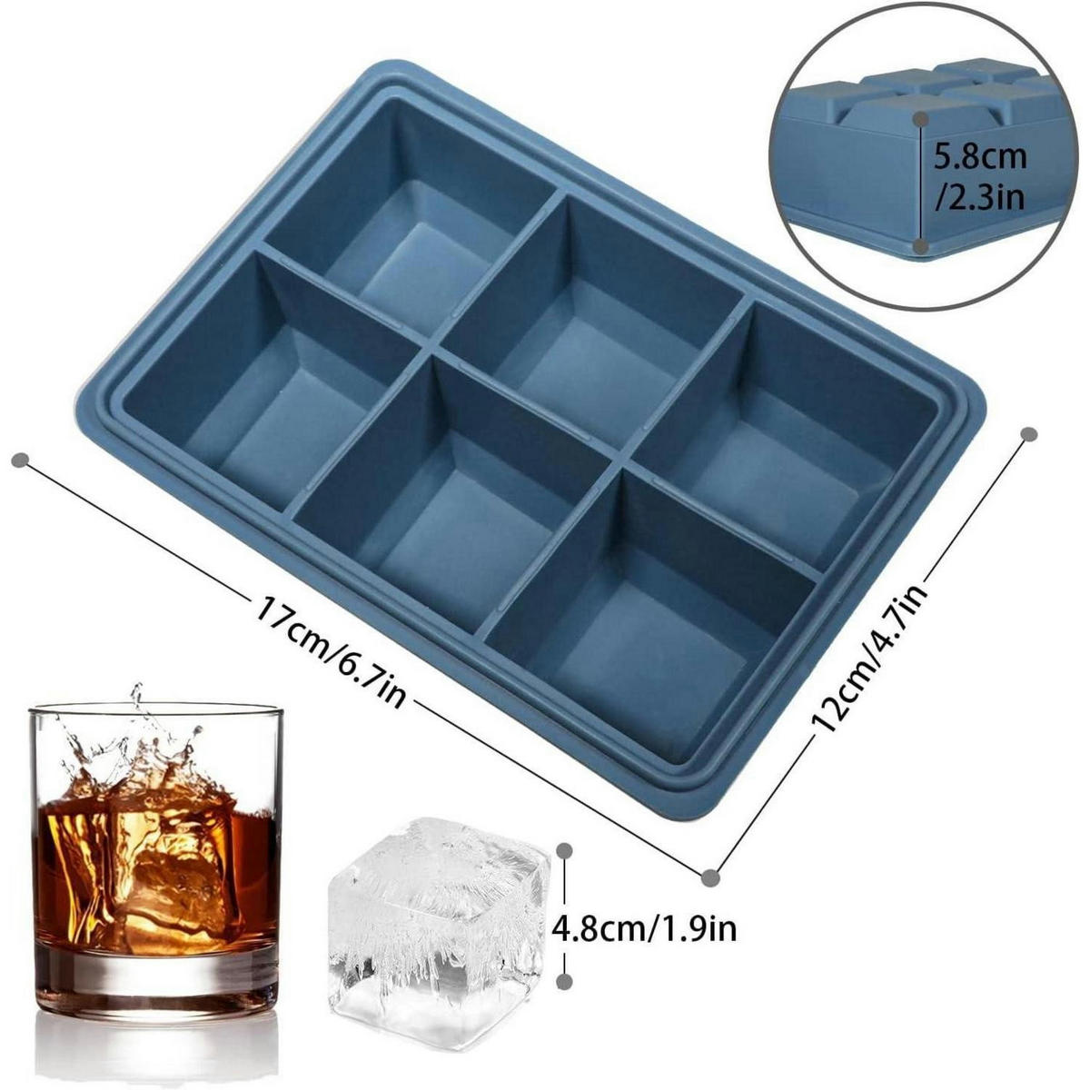 EISWÜRFELFORM 3-teiliges Set Silikon mit Deckel 18-Fach Große Eiswürfel 4,8cm - Blau, Kunststoff (12/4.8/17cm)