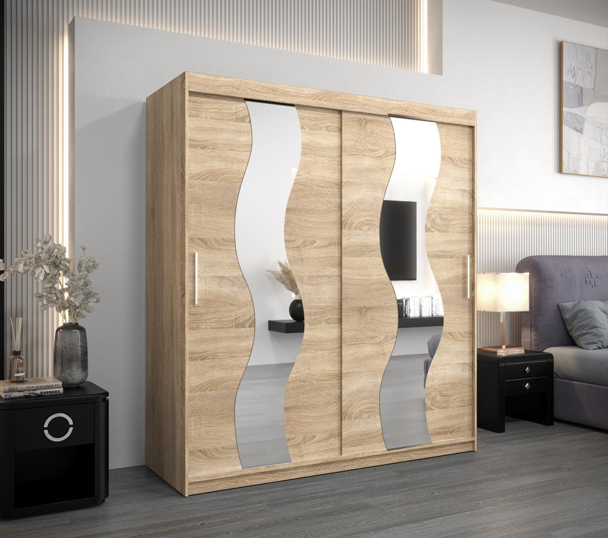 SCHWEBETÜRENSCHRANK 200/180/62 2-türig - Silberfarben/Sonoma Eiche, Holz/Kunststoff (180/200/62cm) - Abiks Möbel