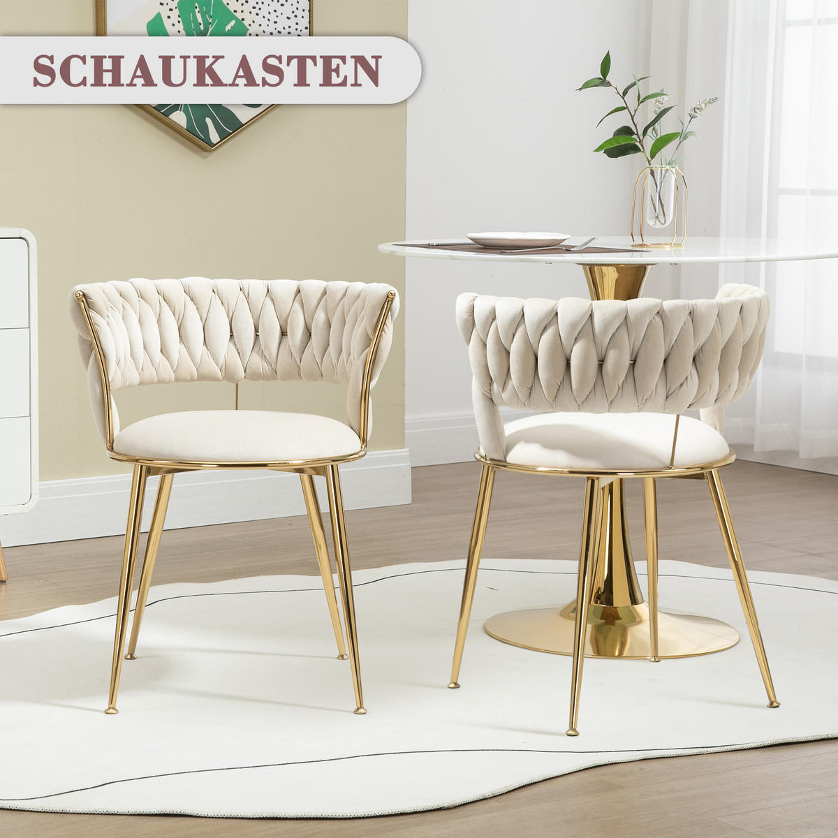 JÍDELNÍ ŽIDLE sada 2 ks samet slonová kost a zlato s pleteným opěradlem - magnolie, textil (57/70/43cm) - Urban Meuble