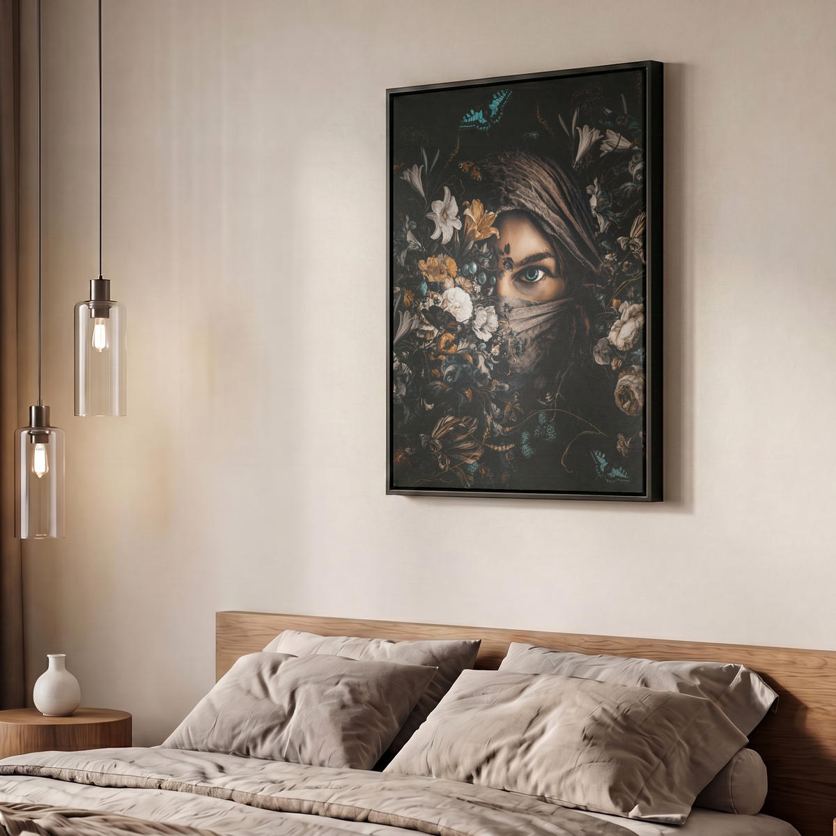 LEINWAND Bilder mit Rahmen - Frau - Luxus - Blumen - Schmetterling - Porträt - 60x80 - Schwarz, Textil (60/80cm) - MuchoWow