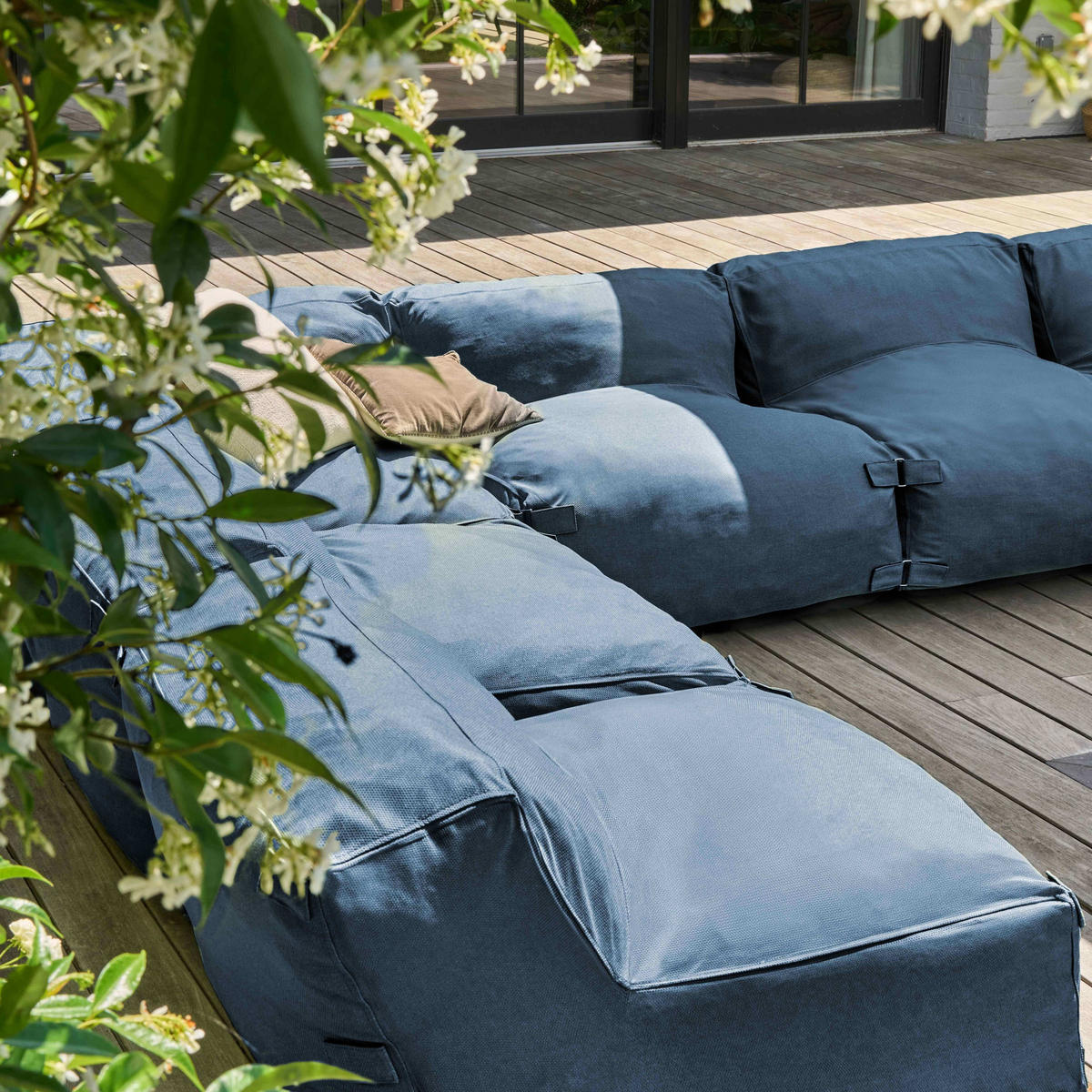 GARTENSOFA mit 8 Sitzplätzen, Pazifikblau - Blau, Textil (85/65/680cm) - Oviala
