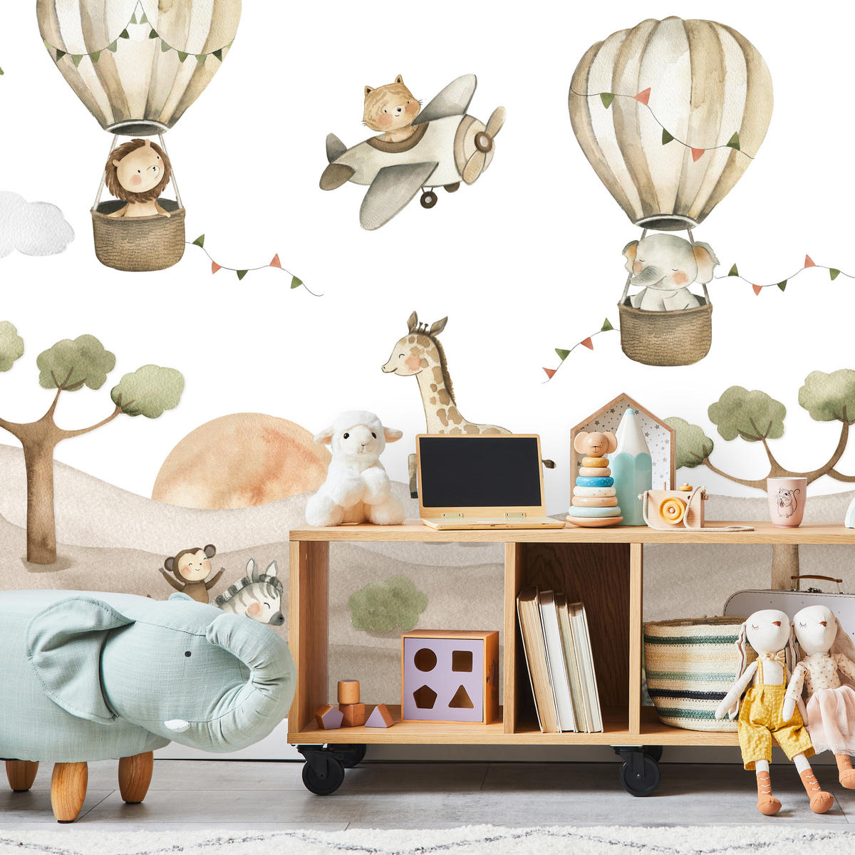 FOTOTAPETE für Kinderzimmer Tiere Ballons Flugzeuge Safari Bäume Hügel 500x350 - Beige/Braun, Papier (500/350cm) - Muralo