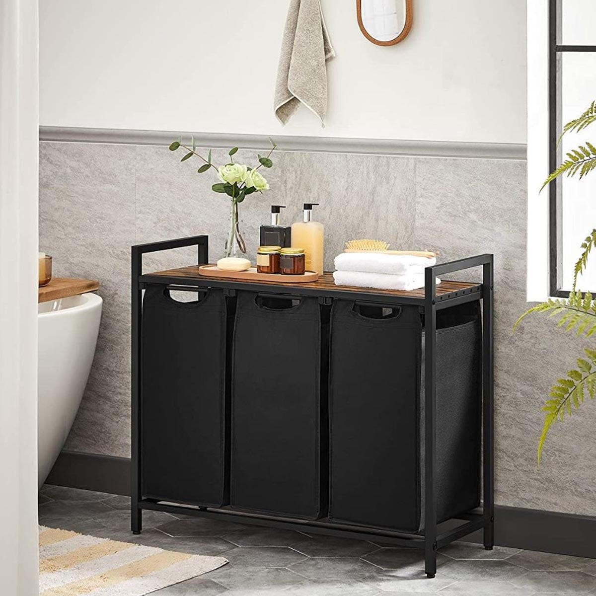 WÄSCHEBEHÄLTER mit 3 Fächern 38L - Schwarz, Holzwerkstoff (33/72/92.5cm) - Calicosy