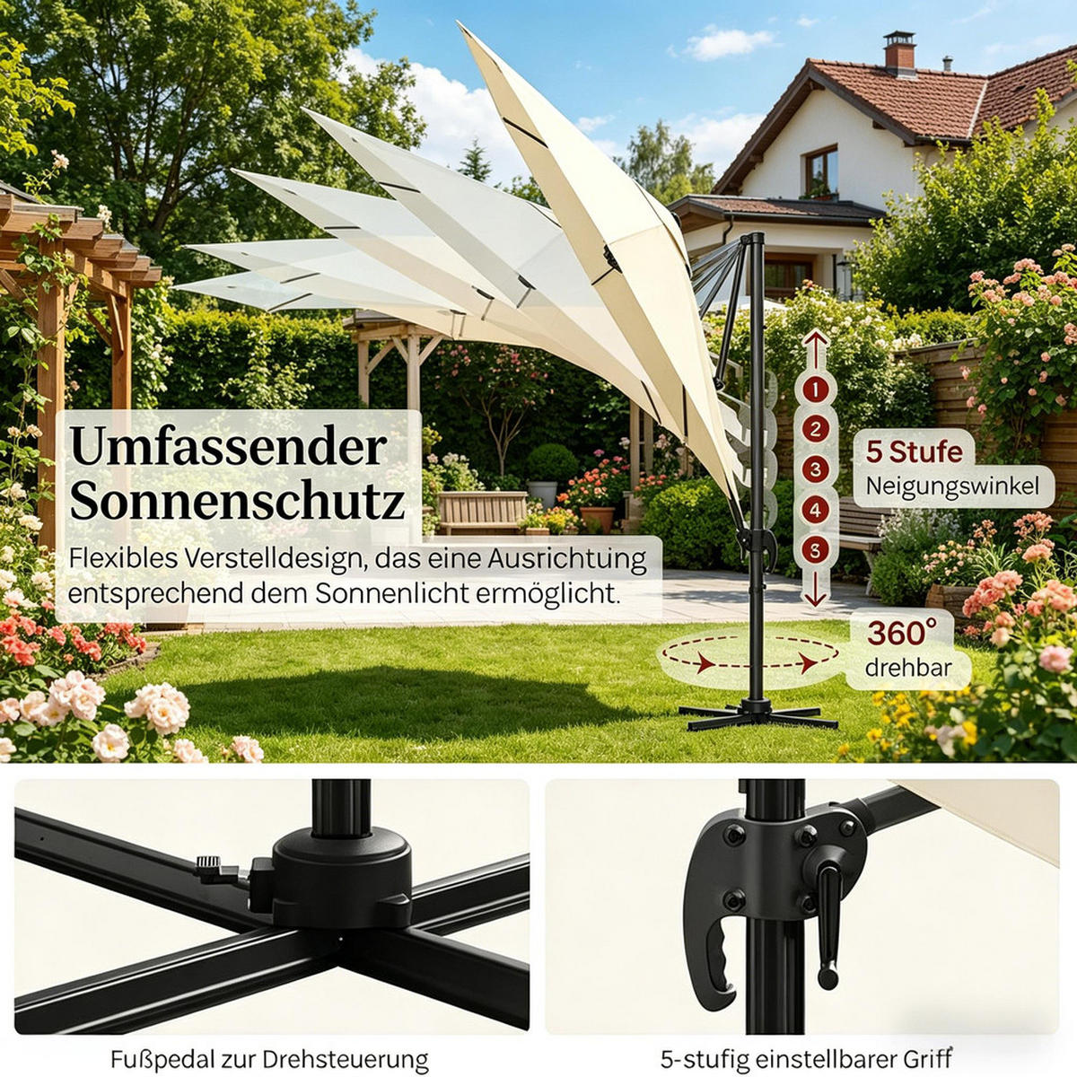 SONNENSCHIRM Metall Polyester 306x167x207 cm Beige Mit Kreuzfuß - Beige, Textil (167/306cm) - Raelunyi
