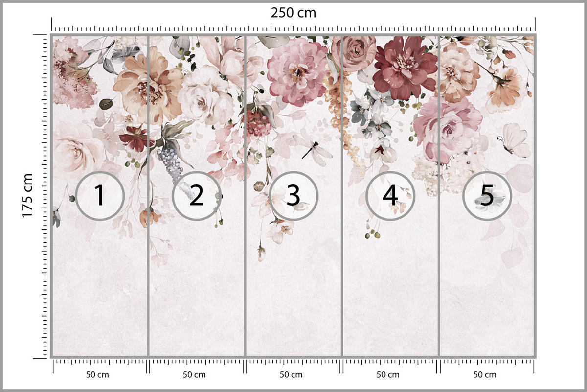 FOTOTAPETE für Schlafzimmer Aquarell Bunte Blumen Ranken Blätter 250x175 - Rot/Rosa, Papier (250/175cm) - Muralo