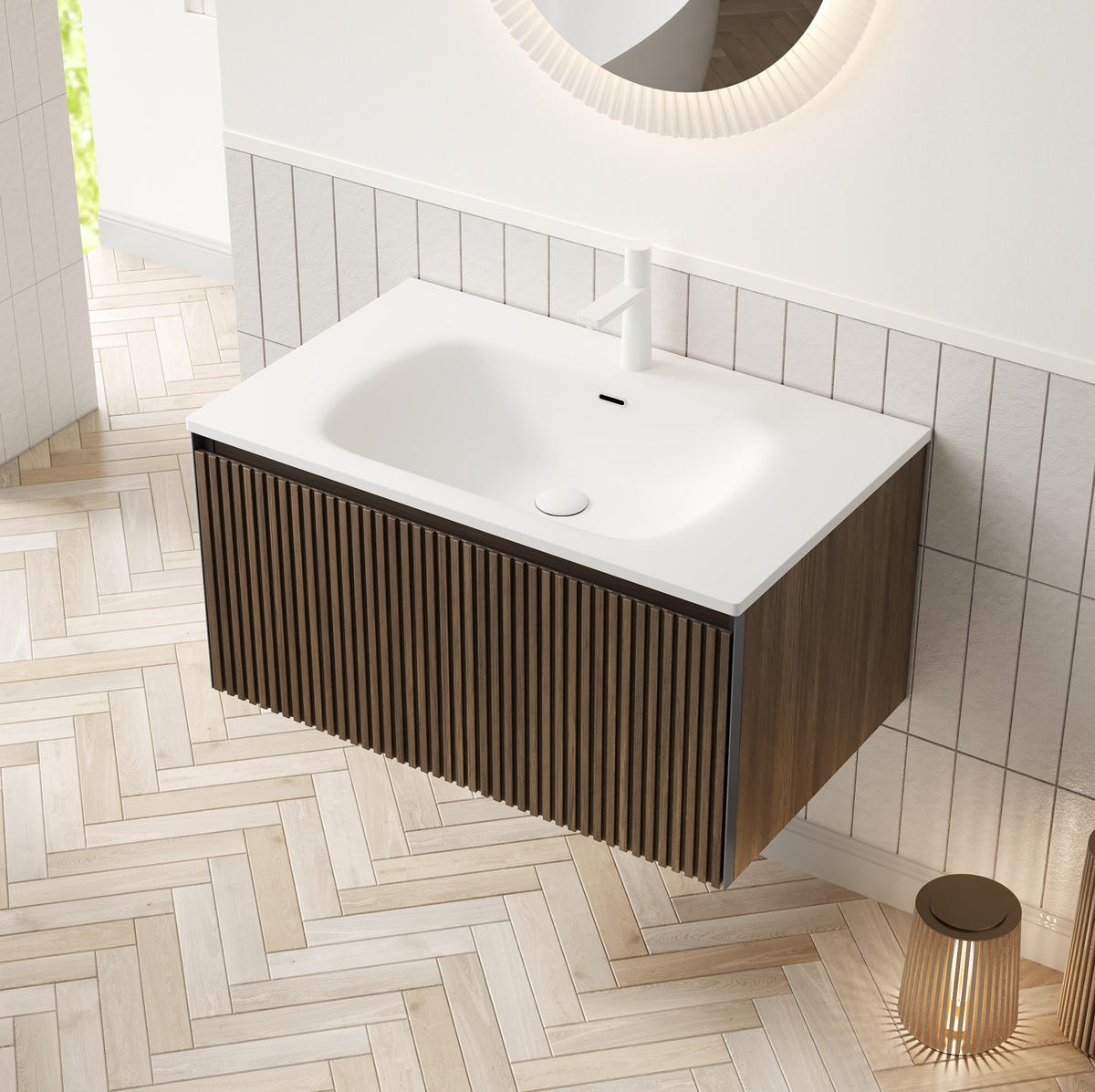 WASCHTISCHSET mit Schublade 80 cm Brown Oak/Weiß - Schwarz, Holzwerkstoff (46/41.8/80cm) - Beauniv