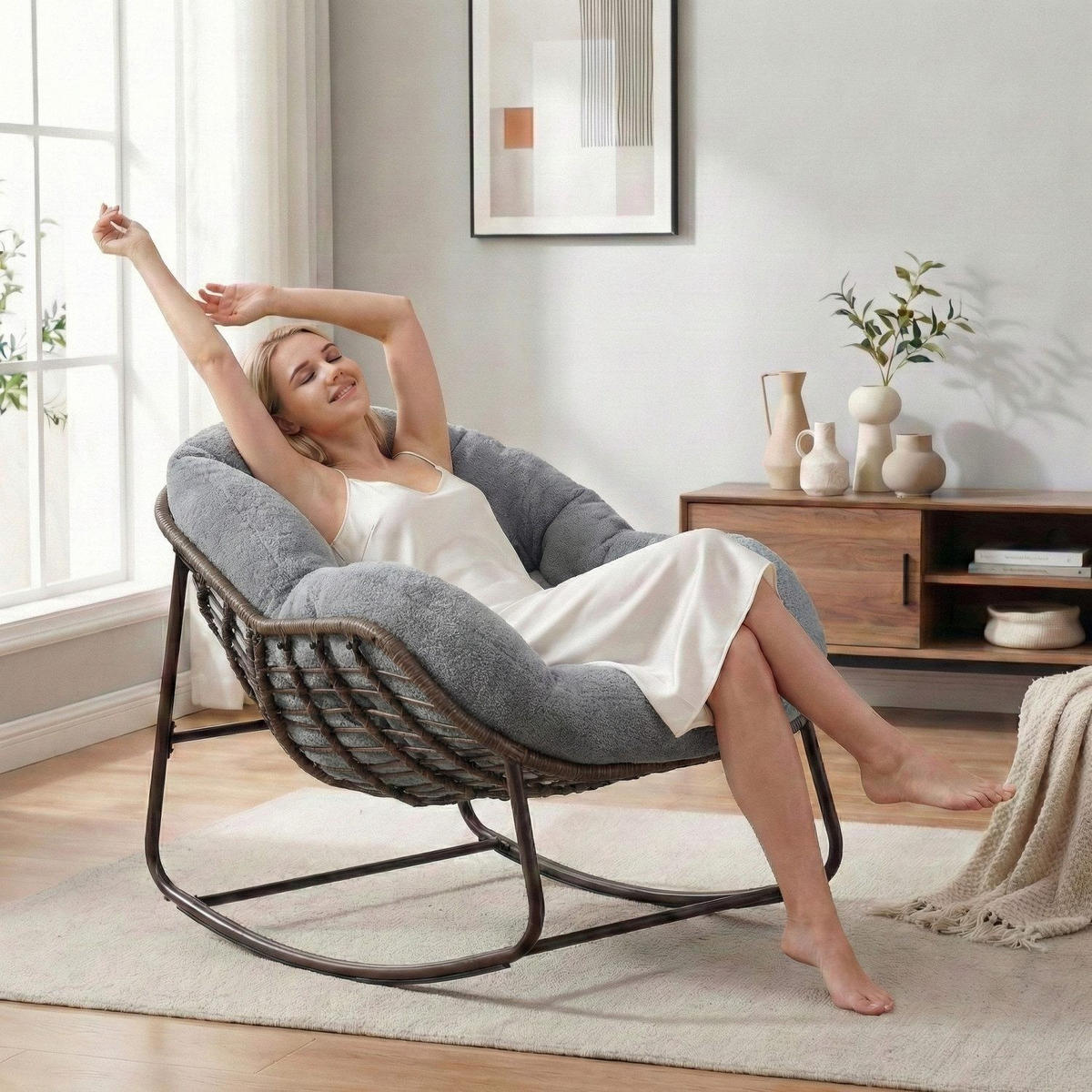 SCHAUKELSTUHL Schaukelsessel,Rattanstuhl mit Stahlrahmen,Grau-Fleece - Grau, Metall (94.5/80/111cm) - LVHOM