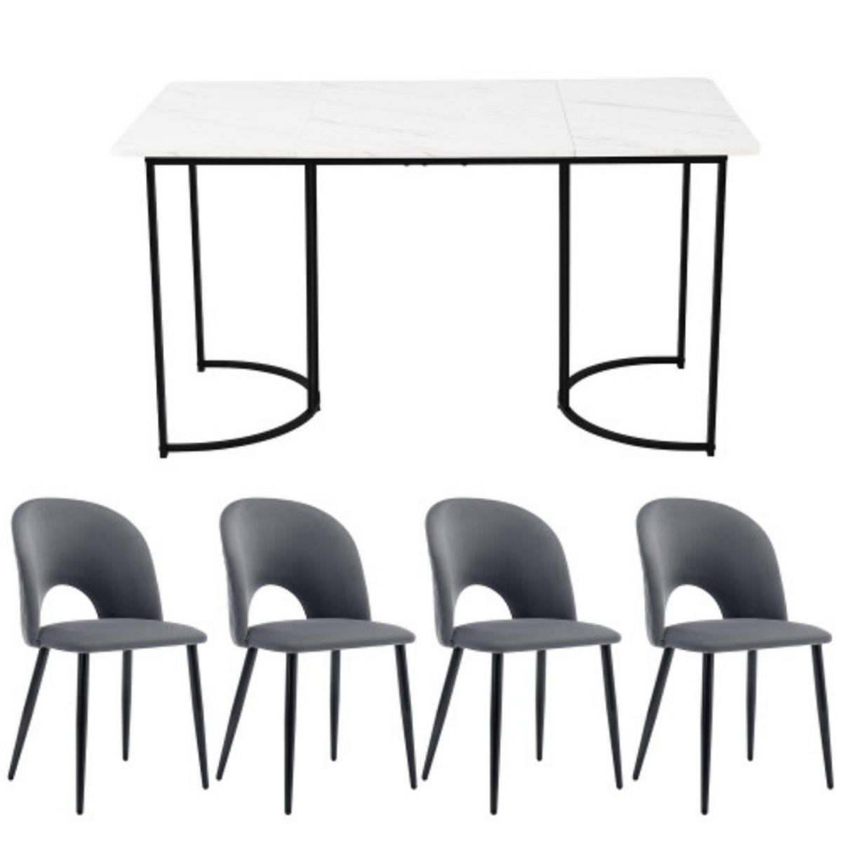 ESSGRUPPE 5-teilig mit weißem Marmor-Optik-Tisch 140x80 und vier grauen Samtstühlen als Küchentischset, weiß-grau - Grau, Textil (80/75/140cm) - Luhomfu