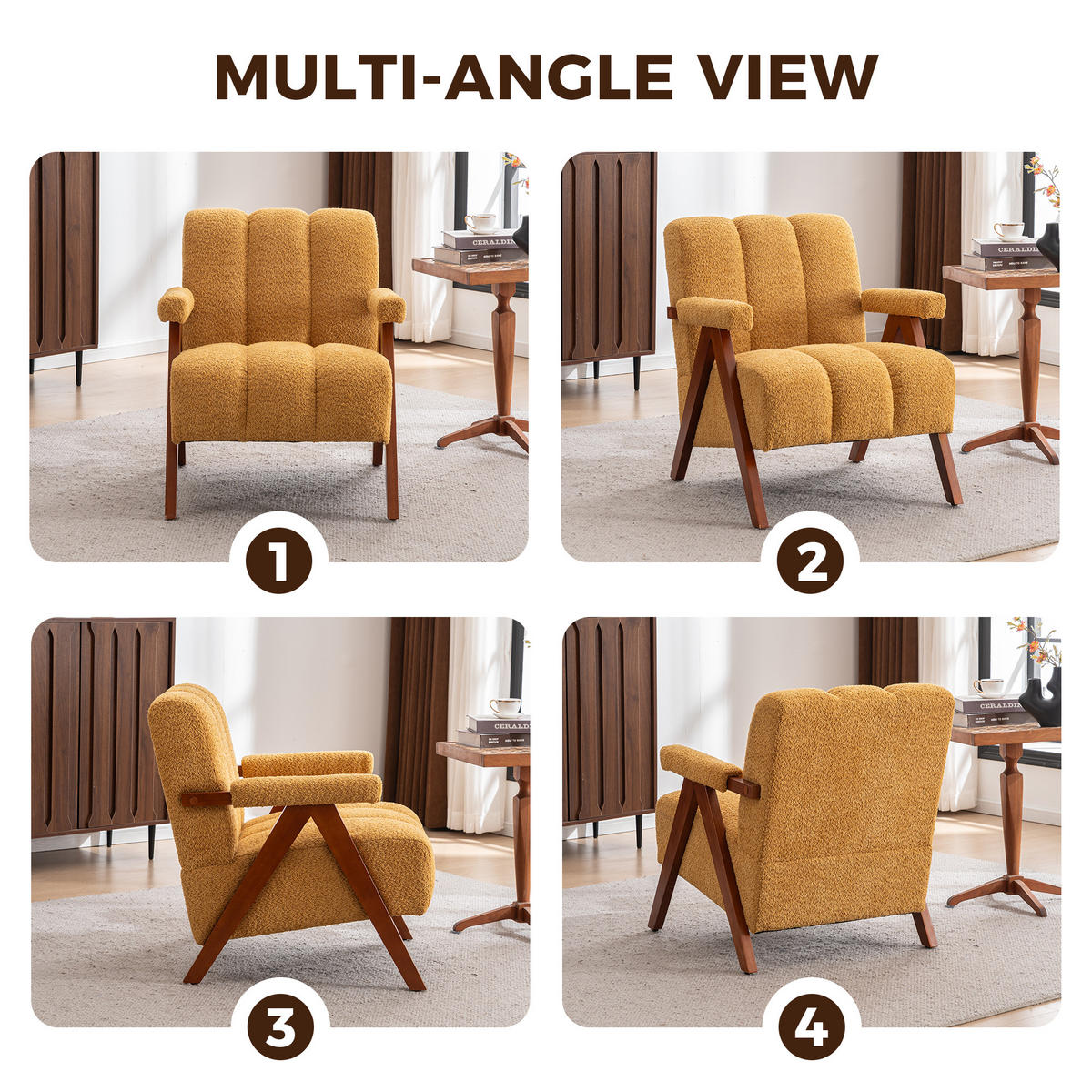 FÅTÖLJ i Bouclé och Ekträ, modern accentstol - Gul, Trä (77/77/68.5cm) - Urban Meuble