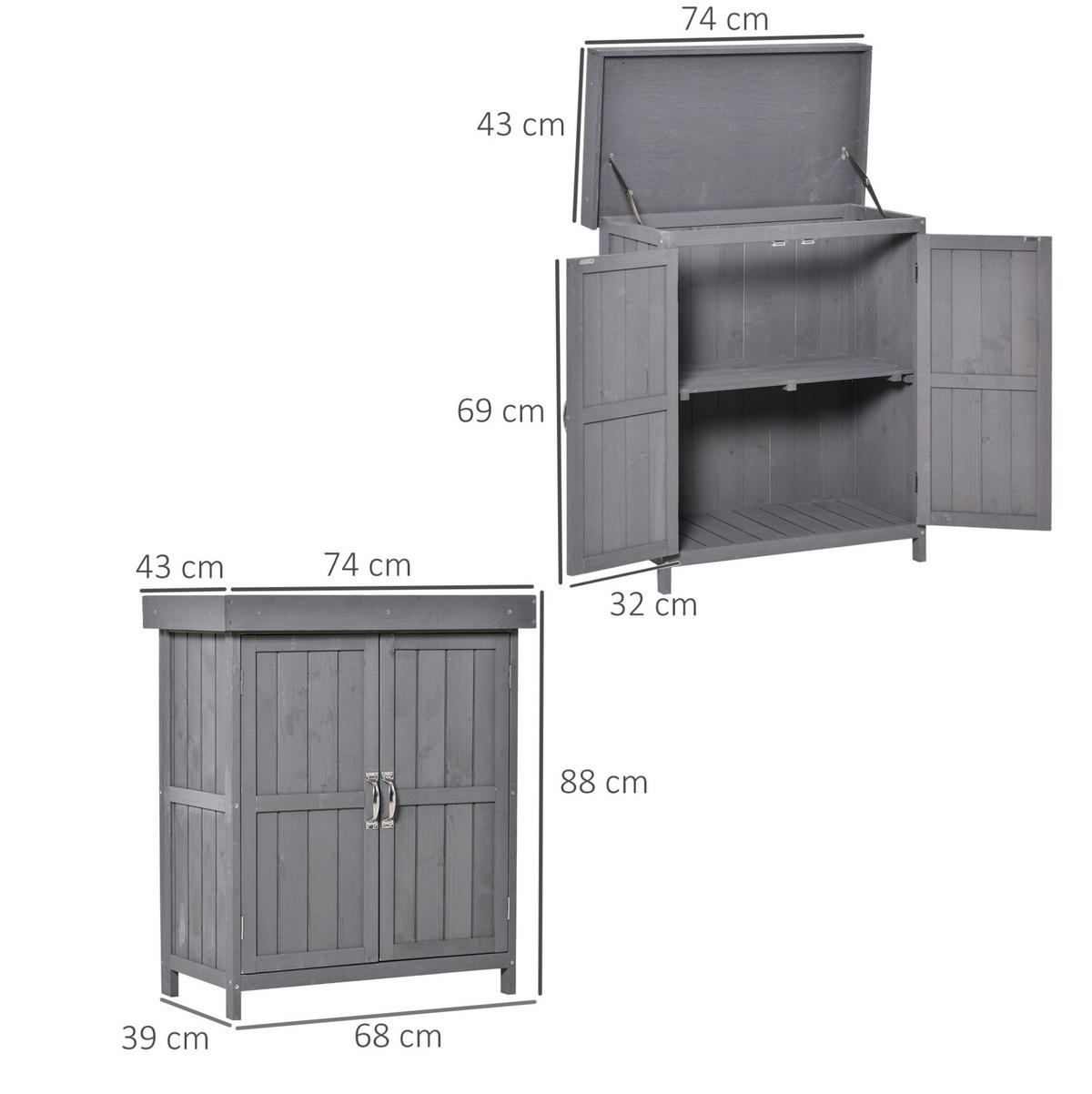 GARTENSCHRANK aus Tannenholz 74x43x88 cm in Grau mit Doppeltür - Grau, Holz (43/88/74cm) - Modfu