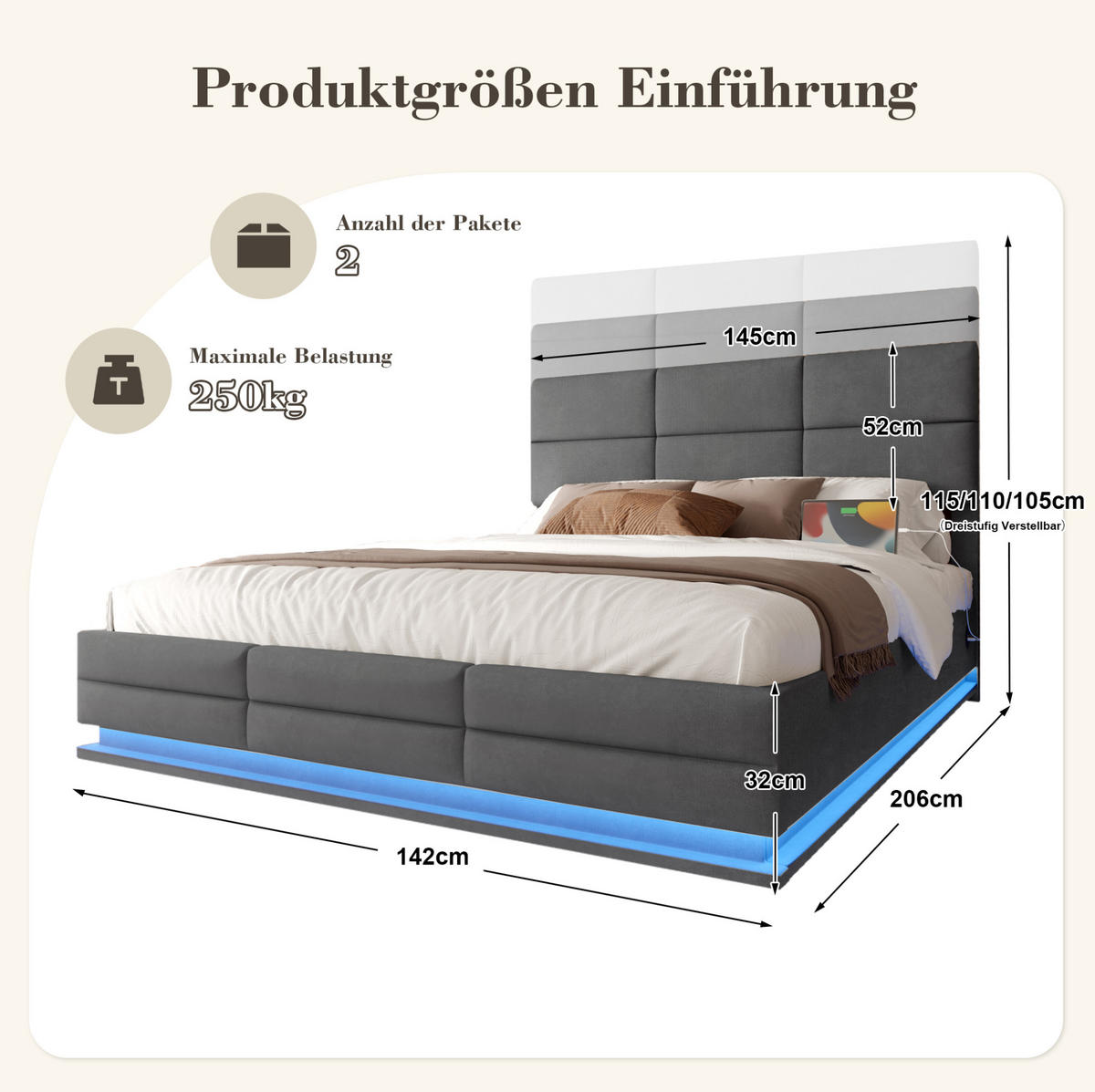 POLSTERBETT 140/200 cm dunkelgrau aus Samt mit LED, USB und Stauraum - Dunkelgrau, Textil (140/200cm) - OKWISH
