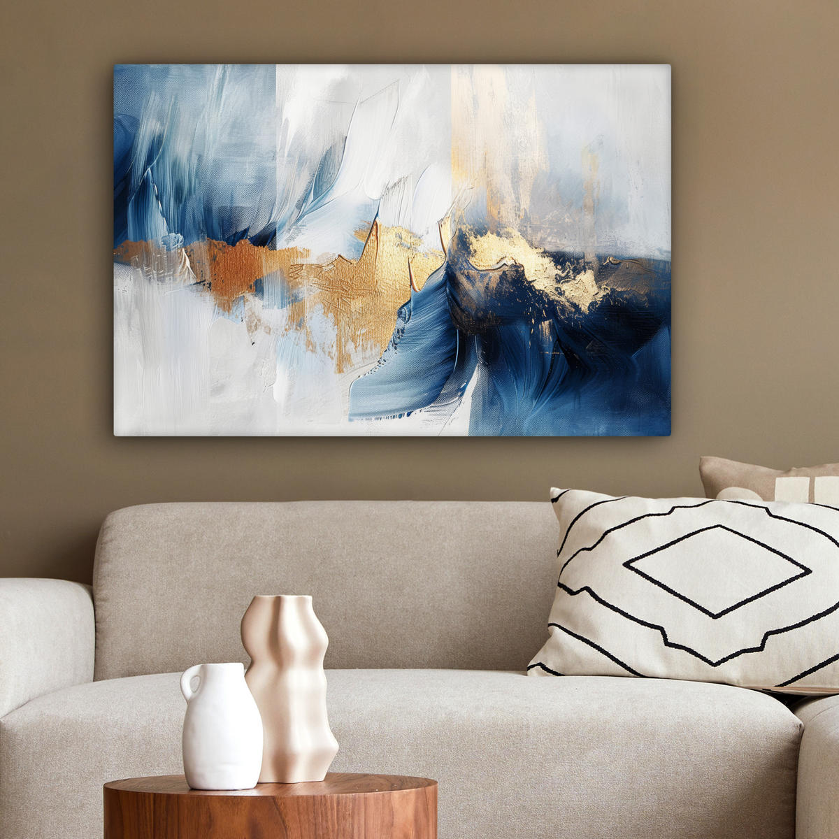 LEINWANDBILD Gold - Blau - Aquarell - Kunst - Modern Wanddeko 90x60 cm - Hellblau, Textil (90/60cm) - MuchoWow