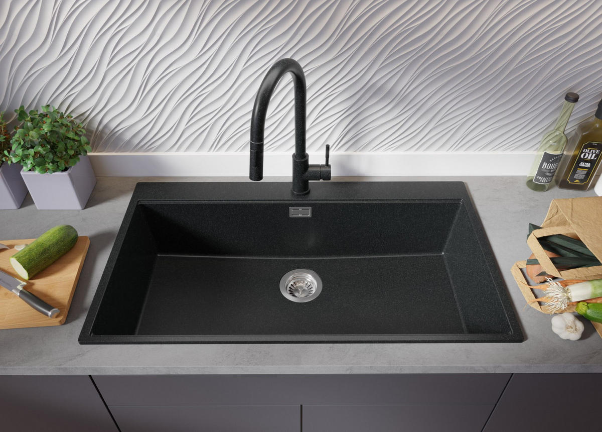 SPÜLBECKEN Oslo, 2-er set Anthrazit 88/50 cm 1 Becken + Ablauf-Set + Schneidebrett ab 90er Unterschrank - Chromfarben/Anthrazit, Kunststoff (88/20/50cm) - Primagran