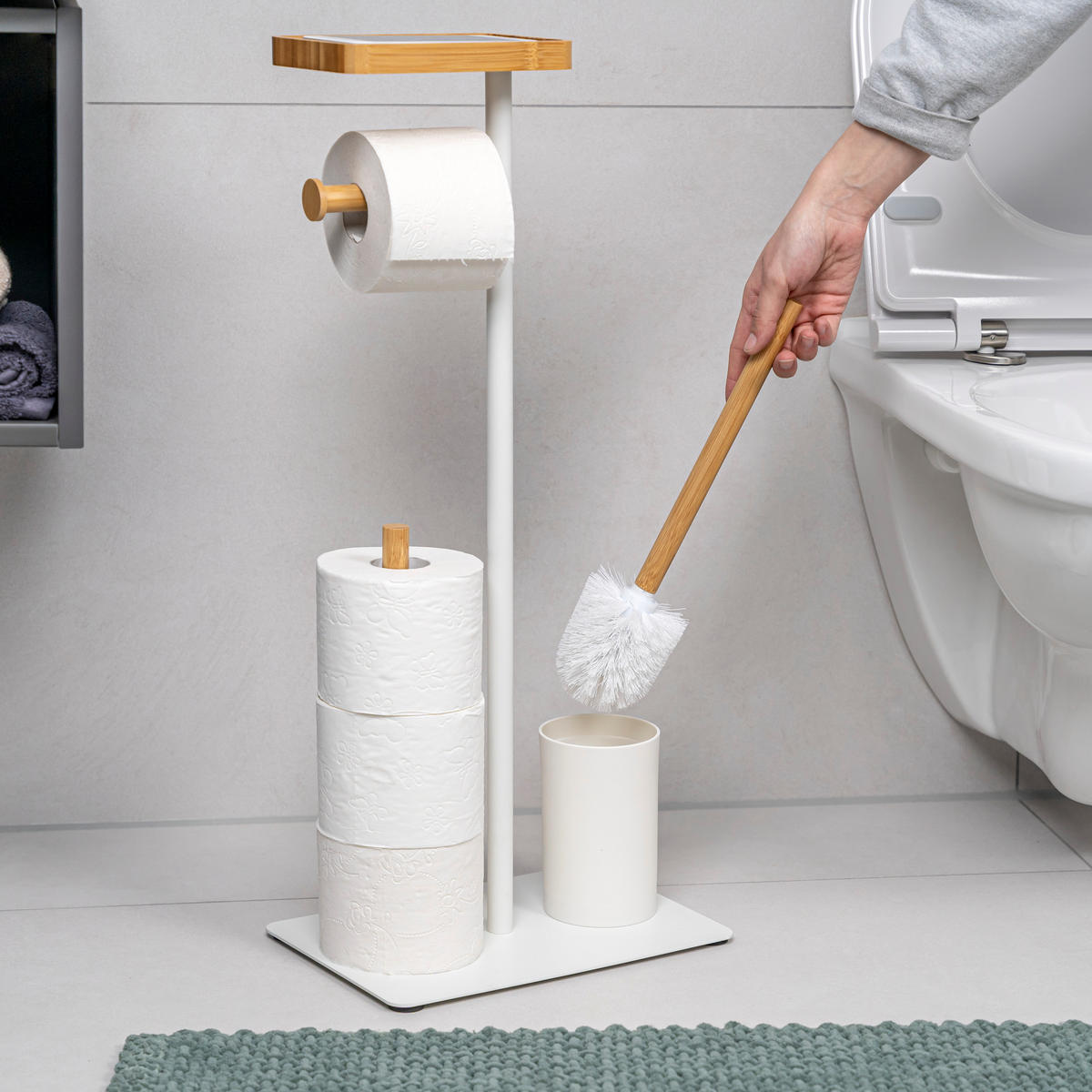STAND-WC-GARNITUR 4in1, Bambus/Metall weiß - Weiß, Metall (30/68/18cm) - eluno
