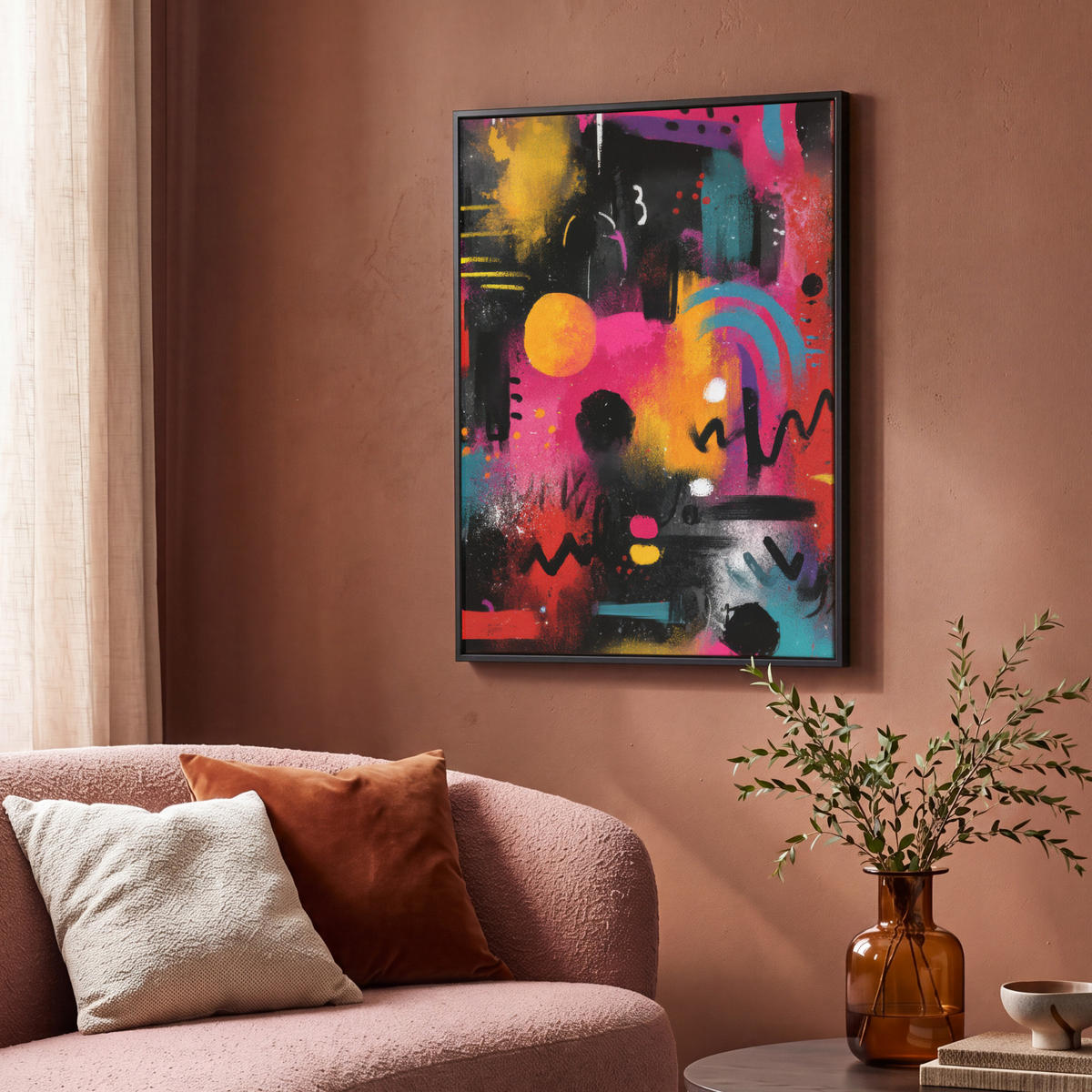 LEINWAND Bilder mit Rahmen - Farbflächen - Formen - Bunt - Abstrakt - 70x100 - Pink, Textil (70/100cm) - MuchoWow