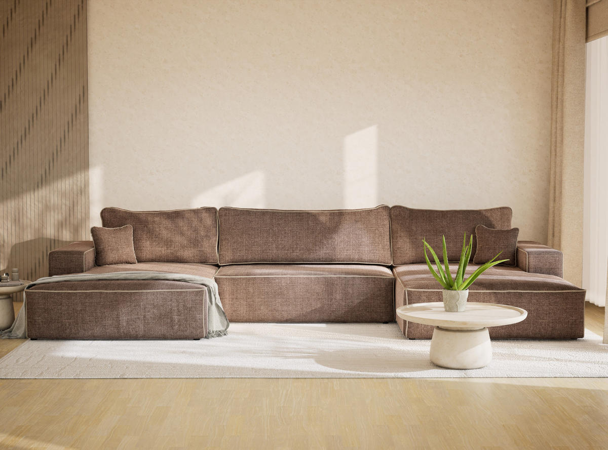 WOHNLANDSCHAFT Deseo Braun-Beige Chenille-Stoff - Beige/Schwarz, Holz/Holzwerkstoff (398/70/148cm) - Maison de Reve