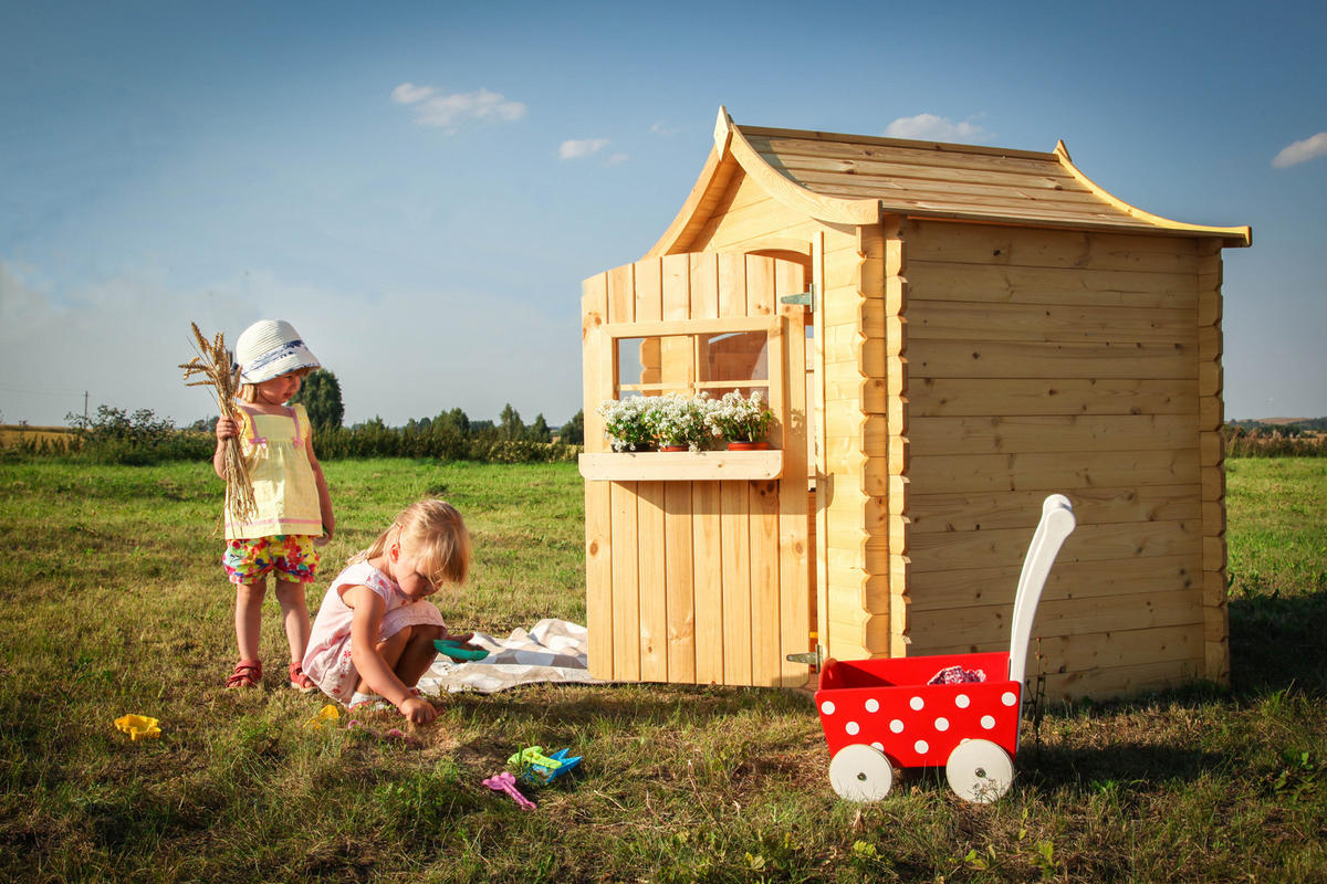 KINDERSPIELHAUS aus Holz - B112xL146xH152 cm/1,1m2 - M550-1 - Beige, Holz (146/152/112cm) - Timbela
