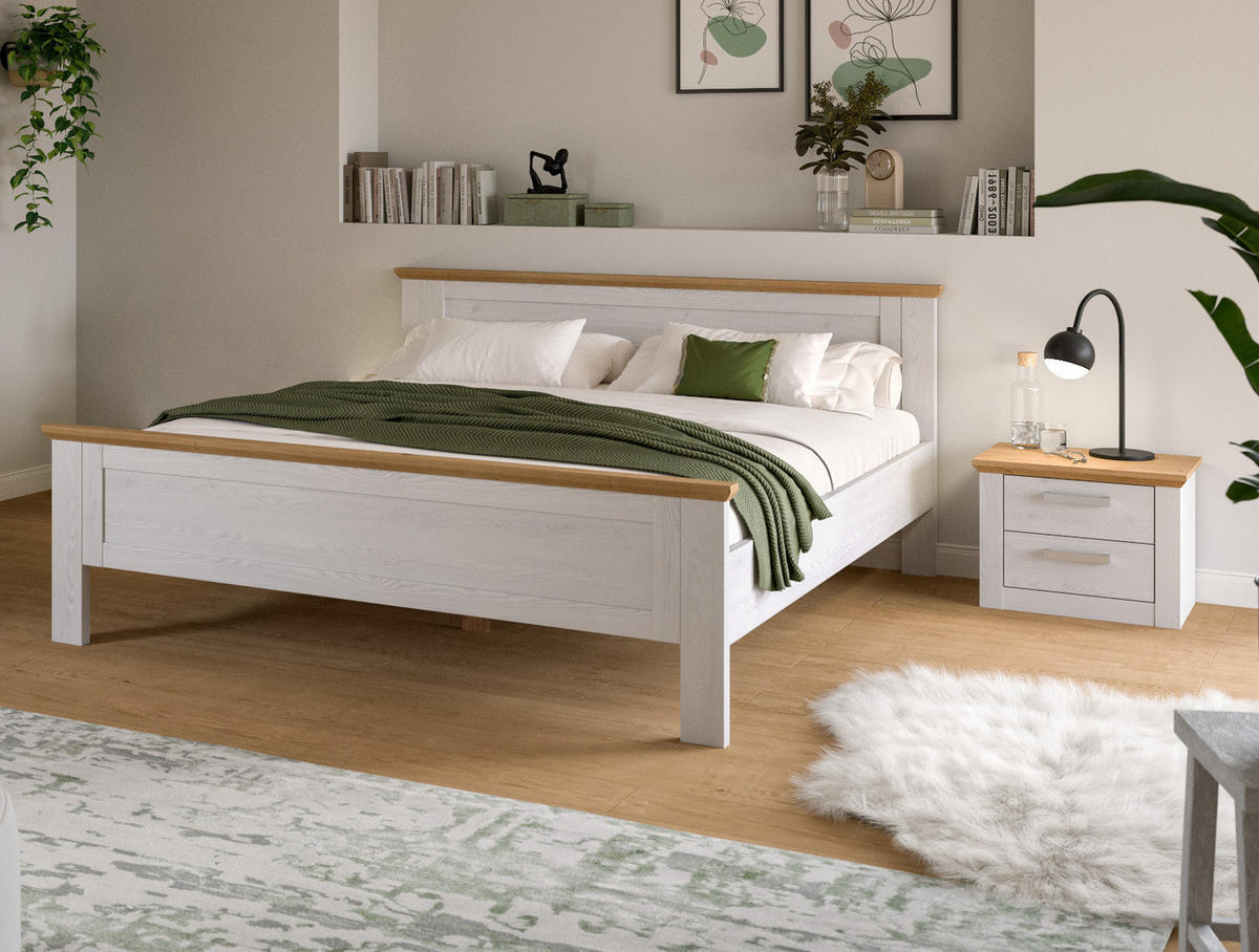 SCHLAFZIMMER weiß Lärche, Eiche Artisan Landhaus Set mit Bett 180 x 200 cm und Nachttisch - Eichefarben/Silberfarben, Holzwerkstoff/Kunststoff (180/200cm) - Inn.Furn