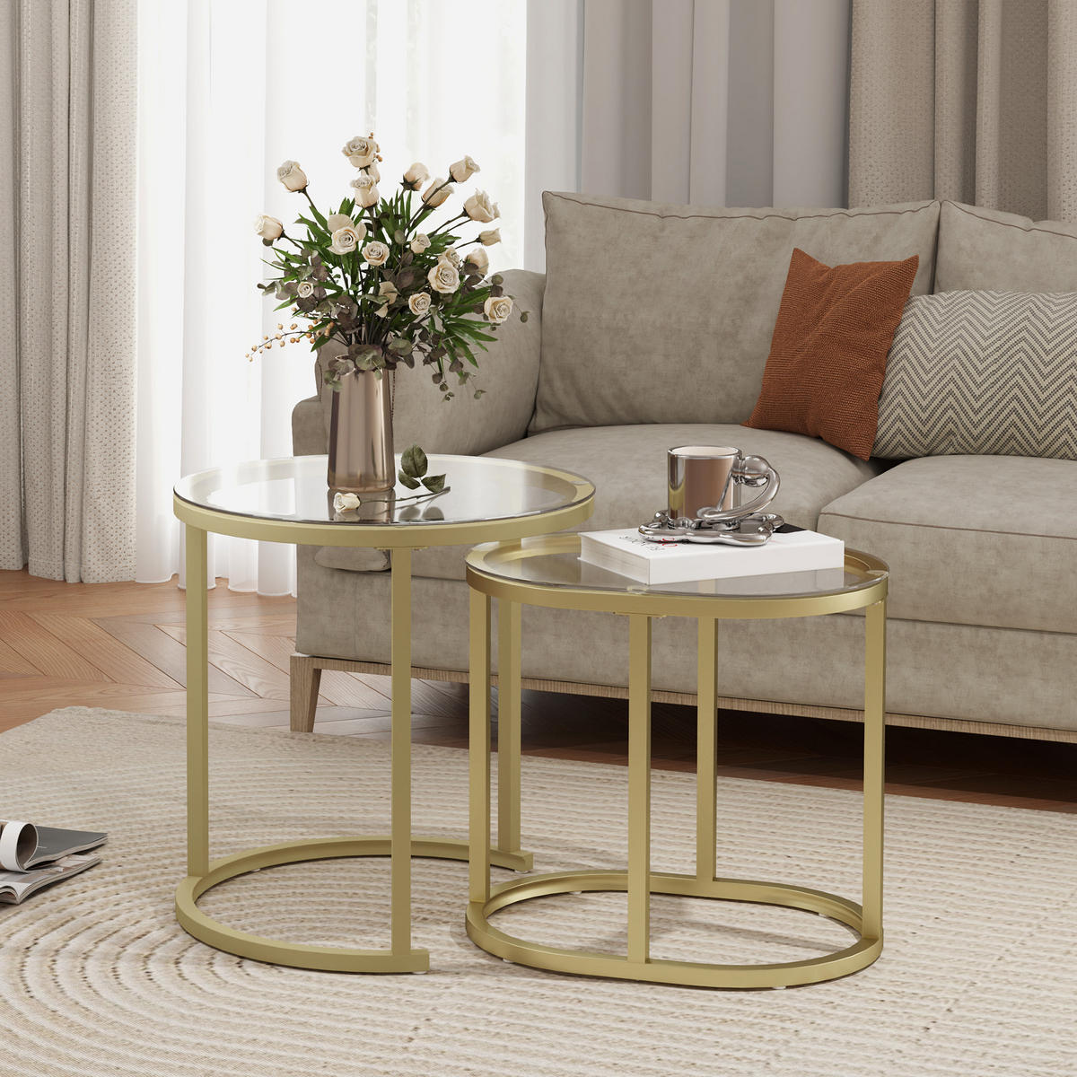 COUCHTISCH rund 2er Set Stapelbarer Beistelltisch mit Stahlrahmen für Wohnzimmer - Goldfarben, Metall (50/50/50.5cm) - HOMCOM