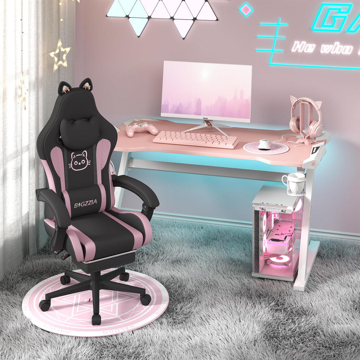 GAMING-STUHL Katzenohren, Massage, Fußstütze – Rosa/Schwarz - Schwarz, Leder (59/120/56cm) - Rattantree