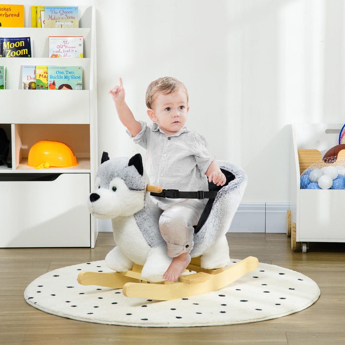 SCHAUKELPFERD DE-18256 mit Musik, Sicherheitsgurt und Haltegriffen - Grau, Holz (33/50/60cm) - ComfortXL