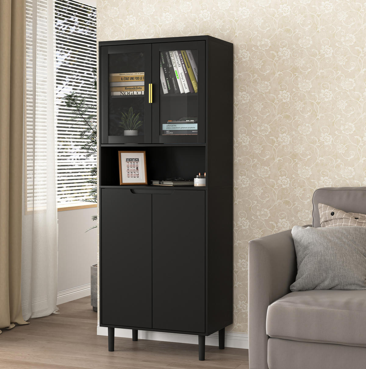 VITRINE aus MDF 60x35x160 cm Schwarz mit gehärteten Glastüren, verstellbarem Einlegeboden und Kippschutz - Schwarz, Holzwerkstoff (60/160/35cm) - Modfu