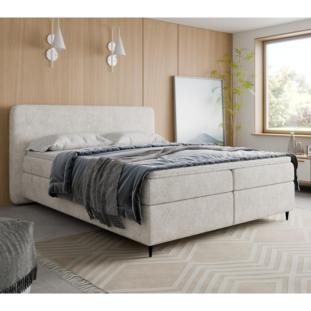 BOXSPRINGBETT BOHO II 160x200 cm, Creme Bouclé, inkl. Topper & Bettkasten - Creme, Textil (160/200cm) - Excellent Home