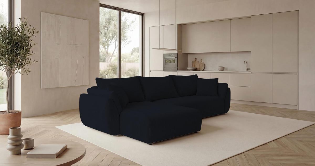 ECKSOFA SYDNEY links schwarz Cord Poso 135 - Schlaffunktion, Bettkasten - Schwarz, Textil (280/174cm) - Cornero