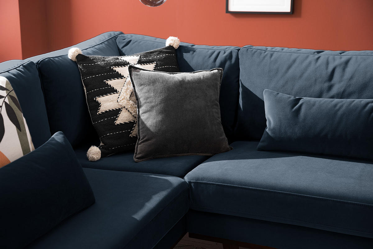 ECKSOFA mit Ottomane - Buchefarben/Dunkelblau, Buchenholz/Textil (287/219cm) - home24