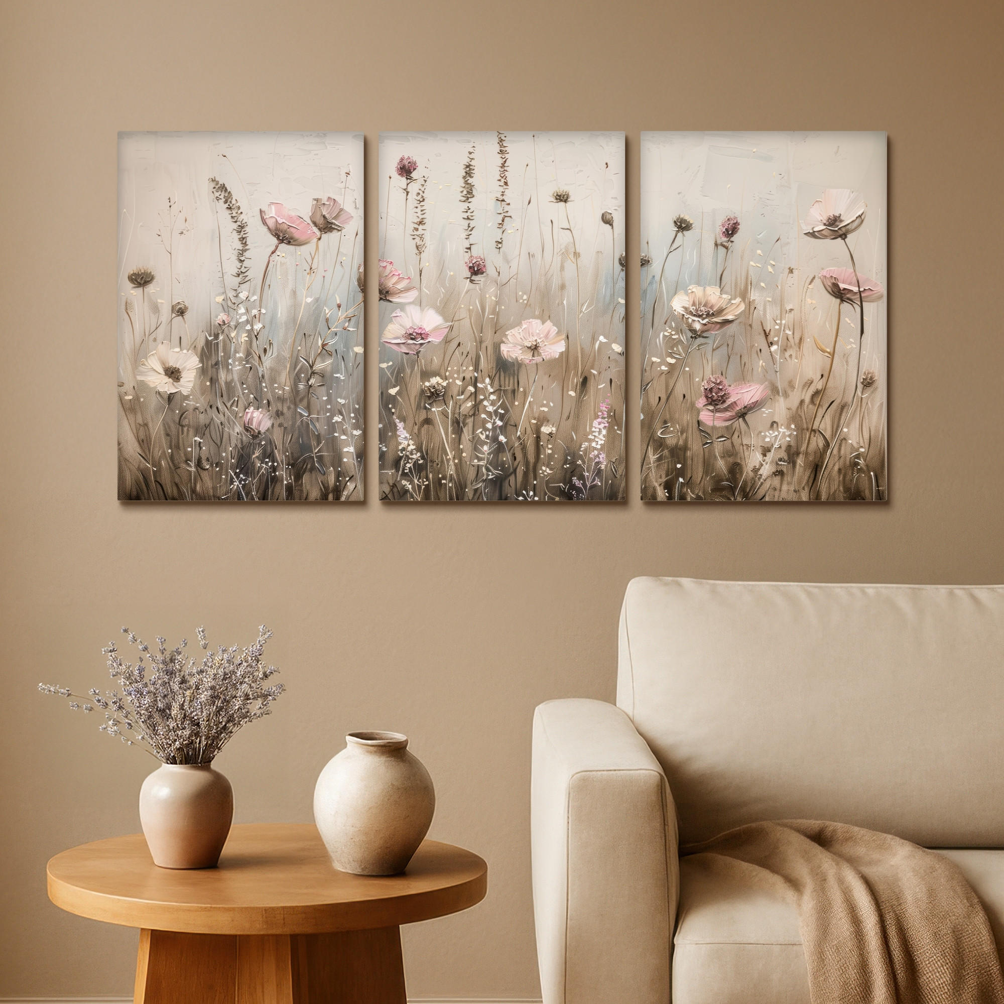LEINWANDBILD 3er Set Blumen - Beige - Modern - Rosa 120x60 cm - Ecru, Textil (120/60cm) - MuchoWow