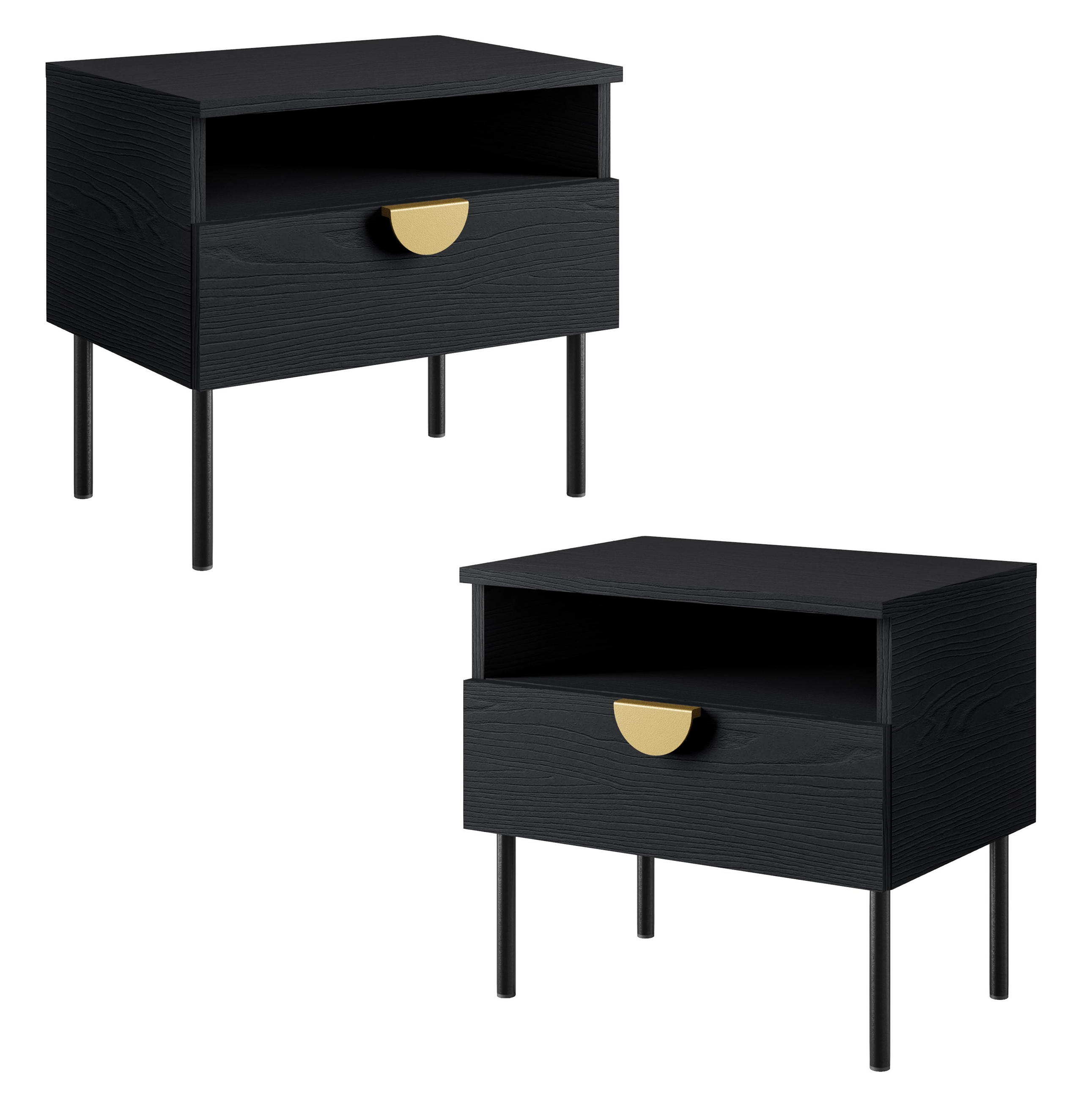 NACHTTISCH Brunelli 2S Schwarz 50/45,5/43,5 cm – 2er Set - Schwarz, Holzwerkstoff/Metall (50/45.5/43.5cm) - AX Living